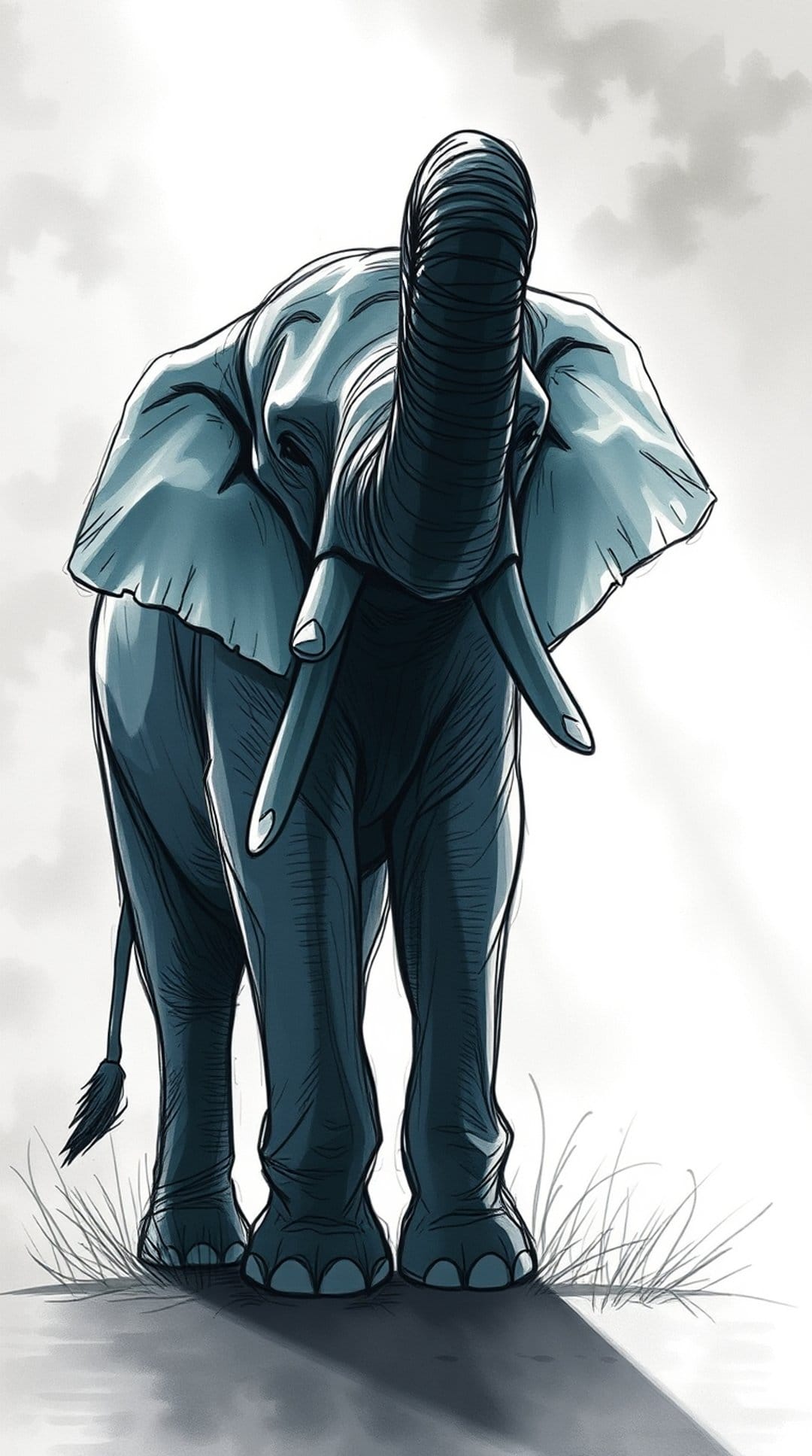 Elephant from a low angle with a raised trunk against a hazy, sun-pierced cloudy sky in blue-gray tones.