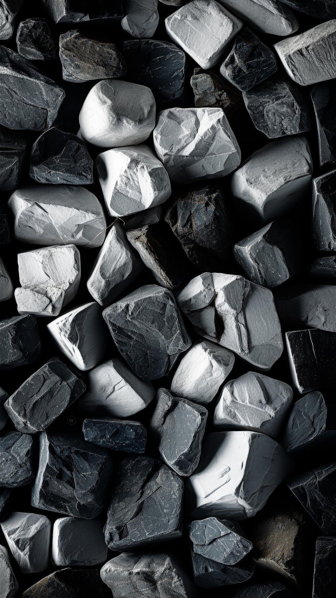Sharp-edged charcoal and ash grey rocks in an overhead pile with high-contrast shadows and rough textures.