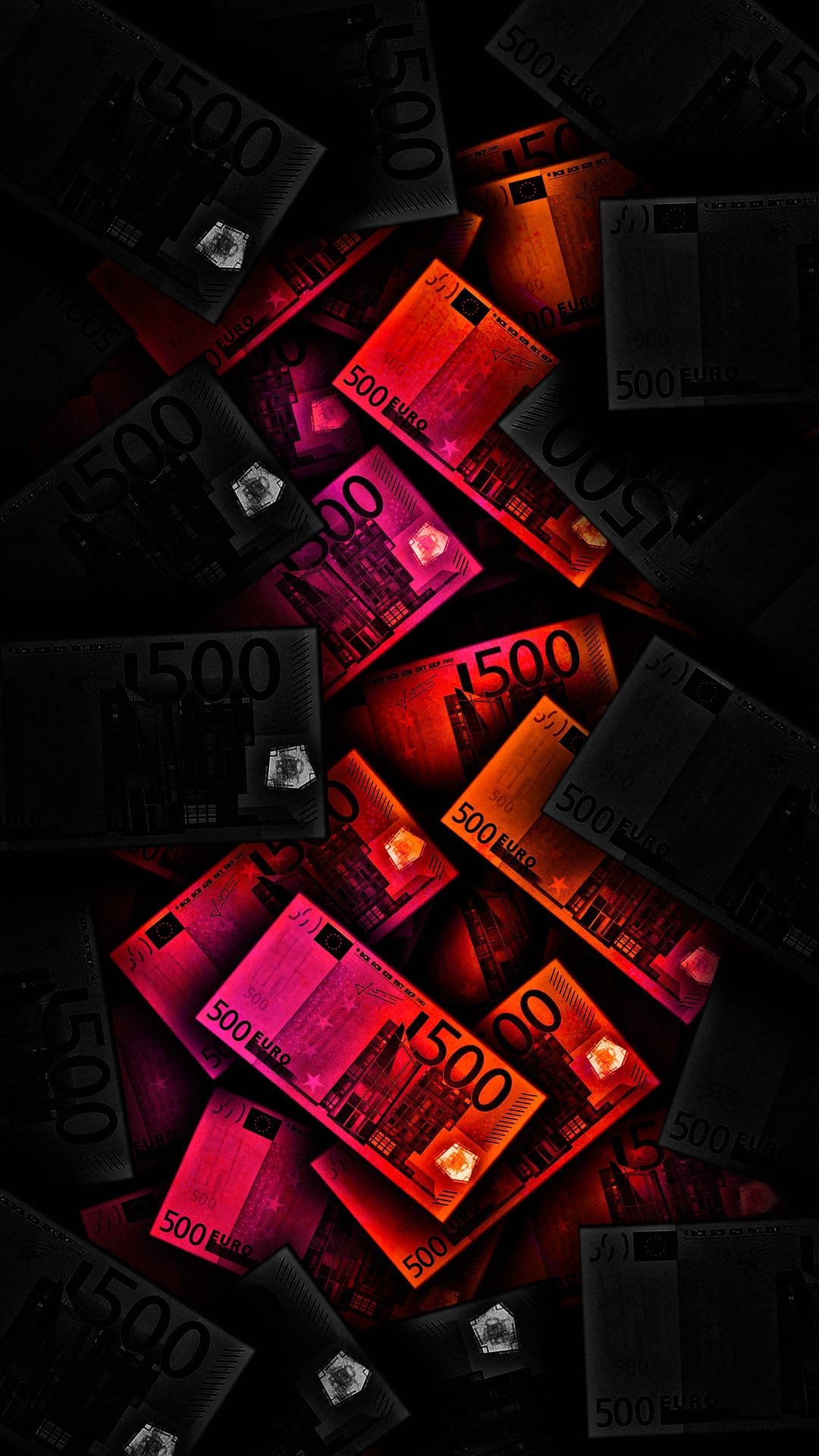 Five hundred Euro banknotes overlap under dramatic red and violet lighting with visible currency denominations.