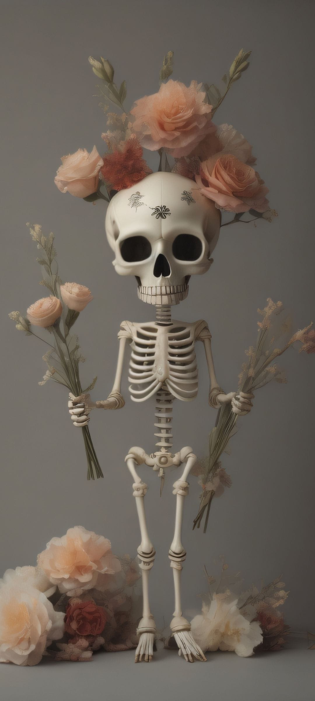 Skeleton decorated with floral markings holds pink and peach bouquets in a soft-lit gothic arrangement.