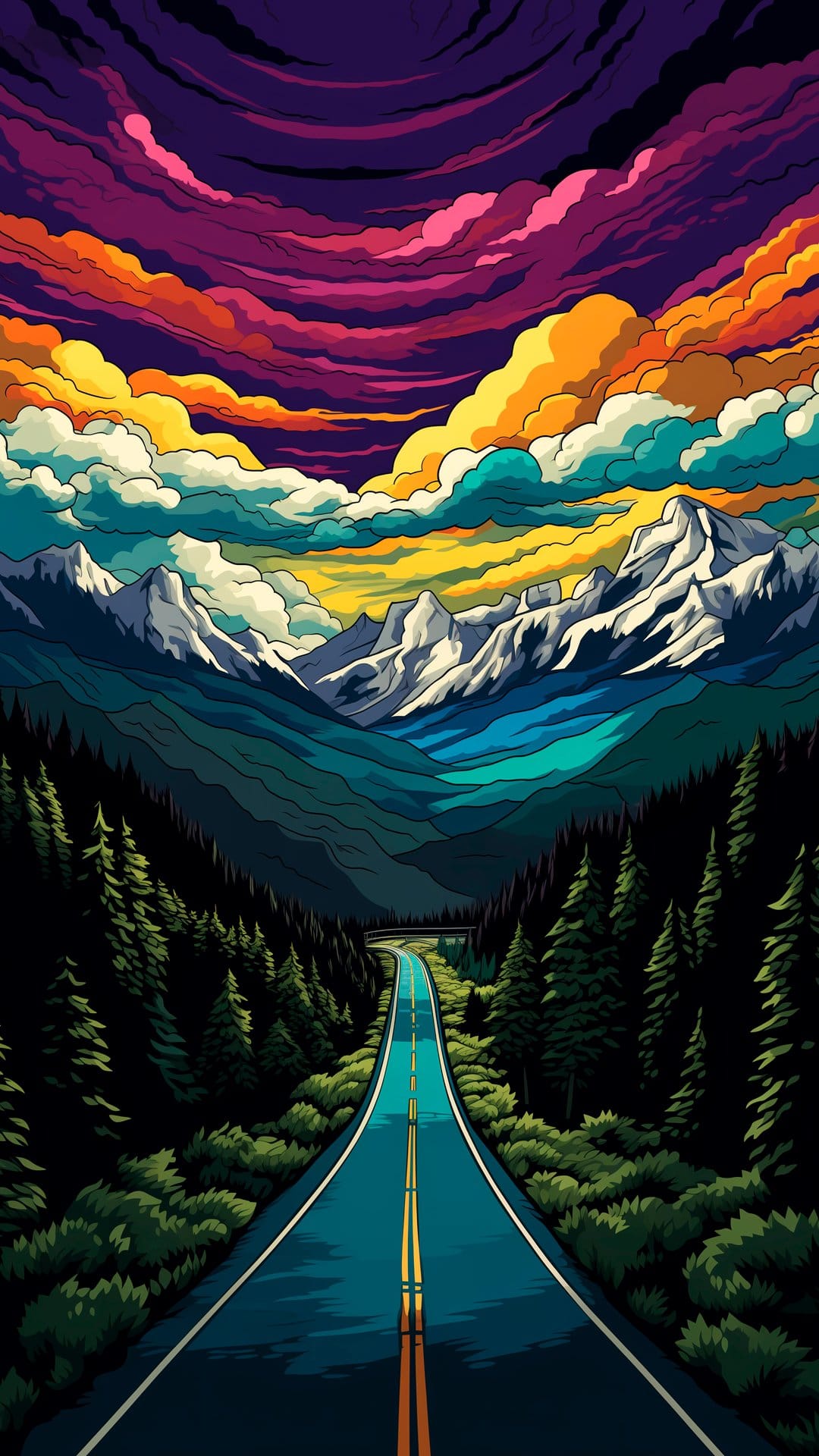 Winding asphalt road through a dark forest leads to snowy mountains under a purple and pink psychedelic sky.