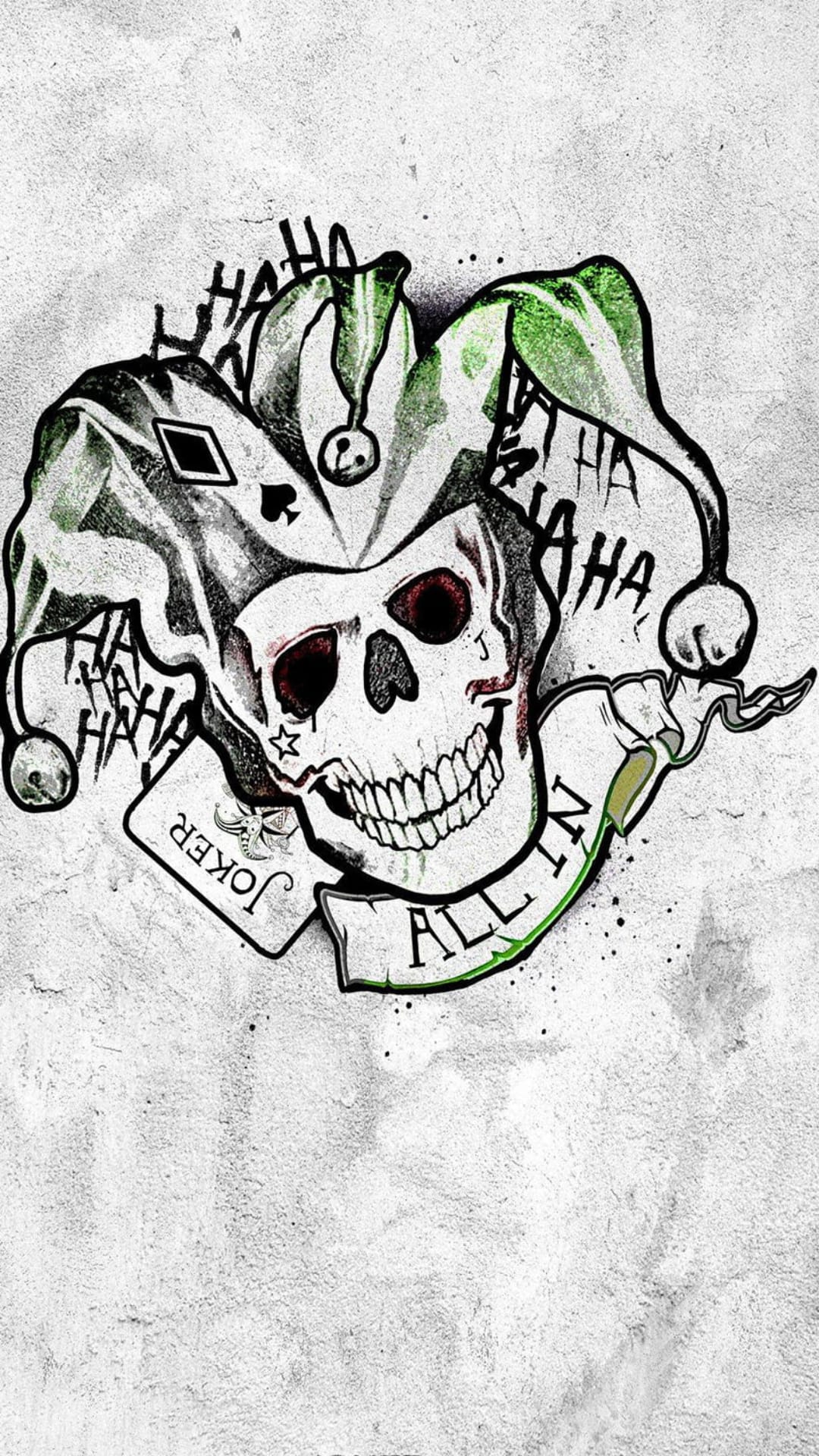 Skull in a jester hat surrounded by playing cards and banners with ha ha ha text for a phone backdrop.