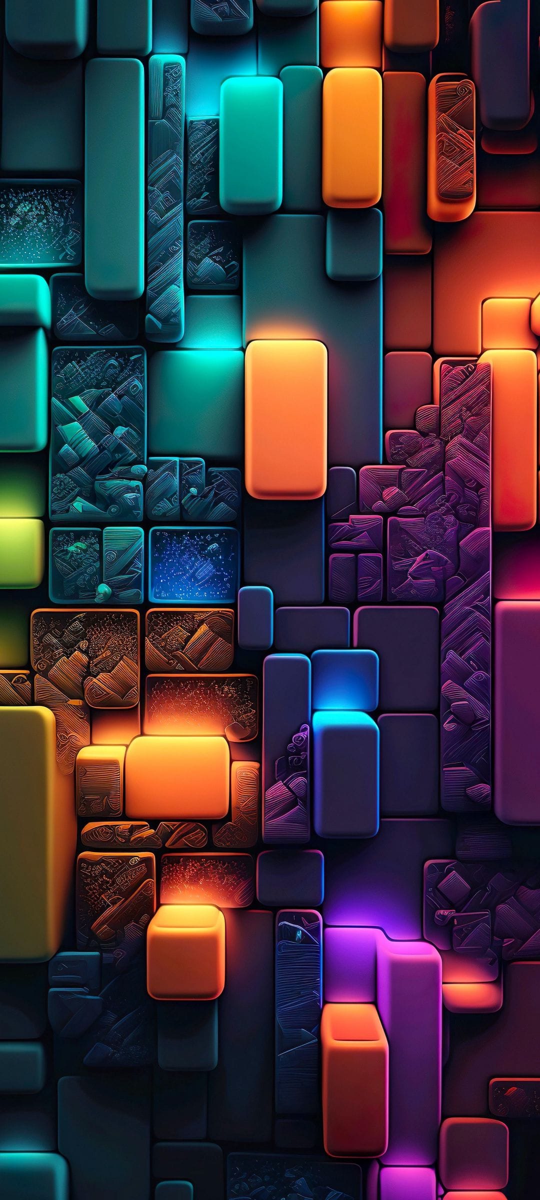 Stacked geometric blocks glow with neon teal and orange light, creating deep shadows and sharp 3D edges.