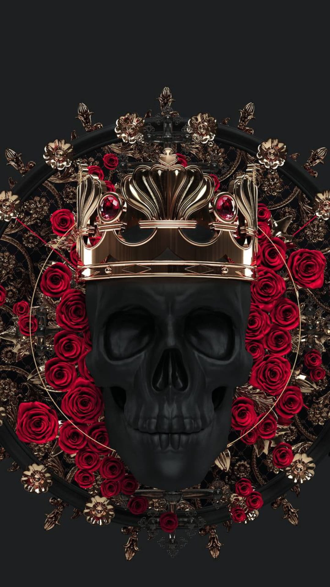 Matte black skull wearing a jeweled gold crown surrounded by scarlet roses and ornate golden filigree details.