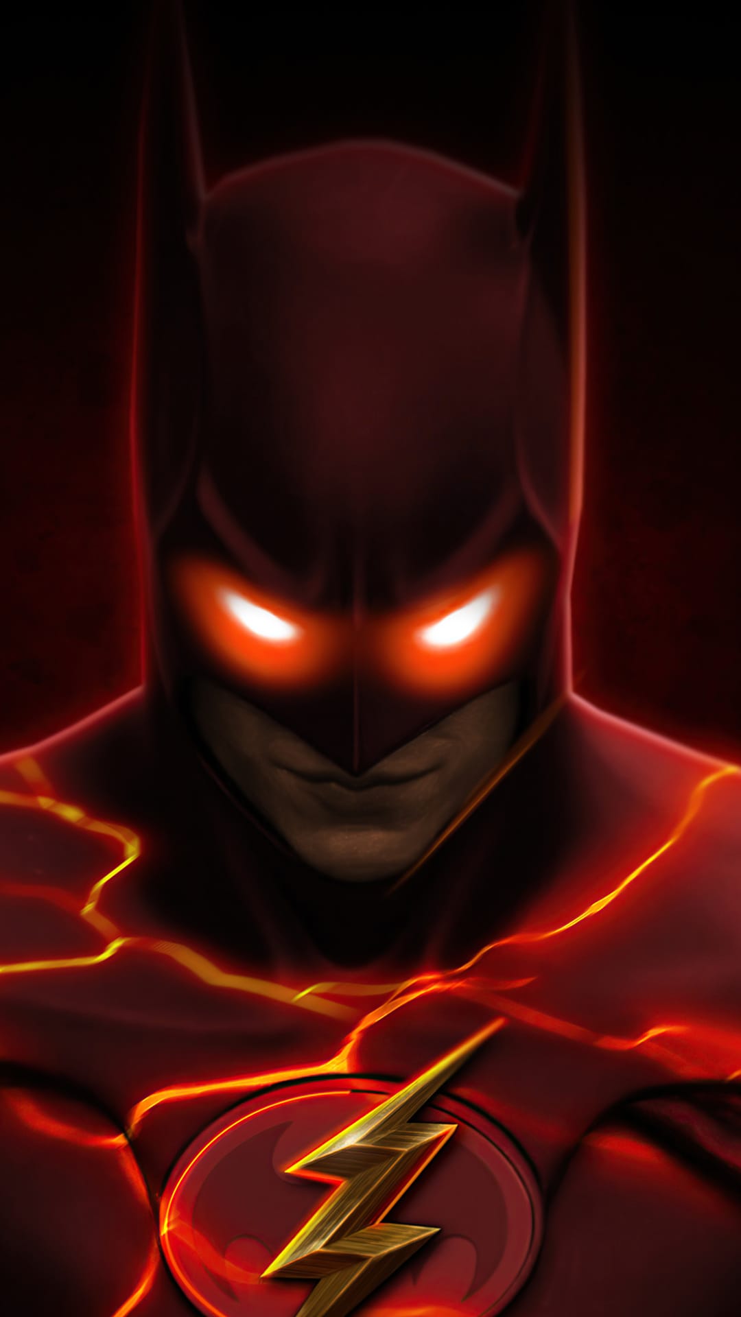Batman Flash hybrid featuring glowing orange eyes and crackling lightning bolts across a dark armored suit.