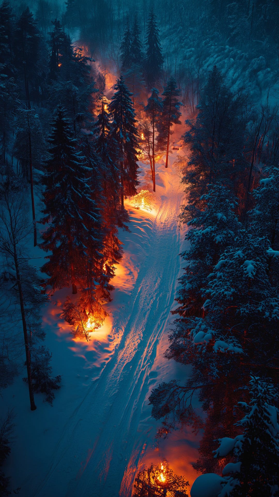 Snow-covered pine trees surround glowing orange fires on a dark blue night, casting long shadows across the powder.