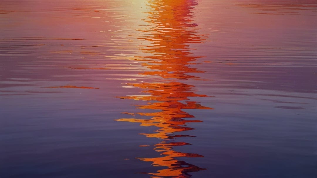 Golden sunbeams glisten over deep purple rippling water surfaces during a tranquil evening sunset.