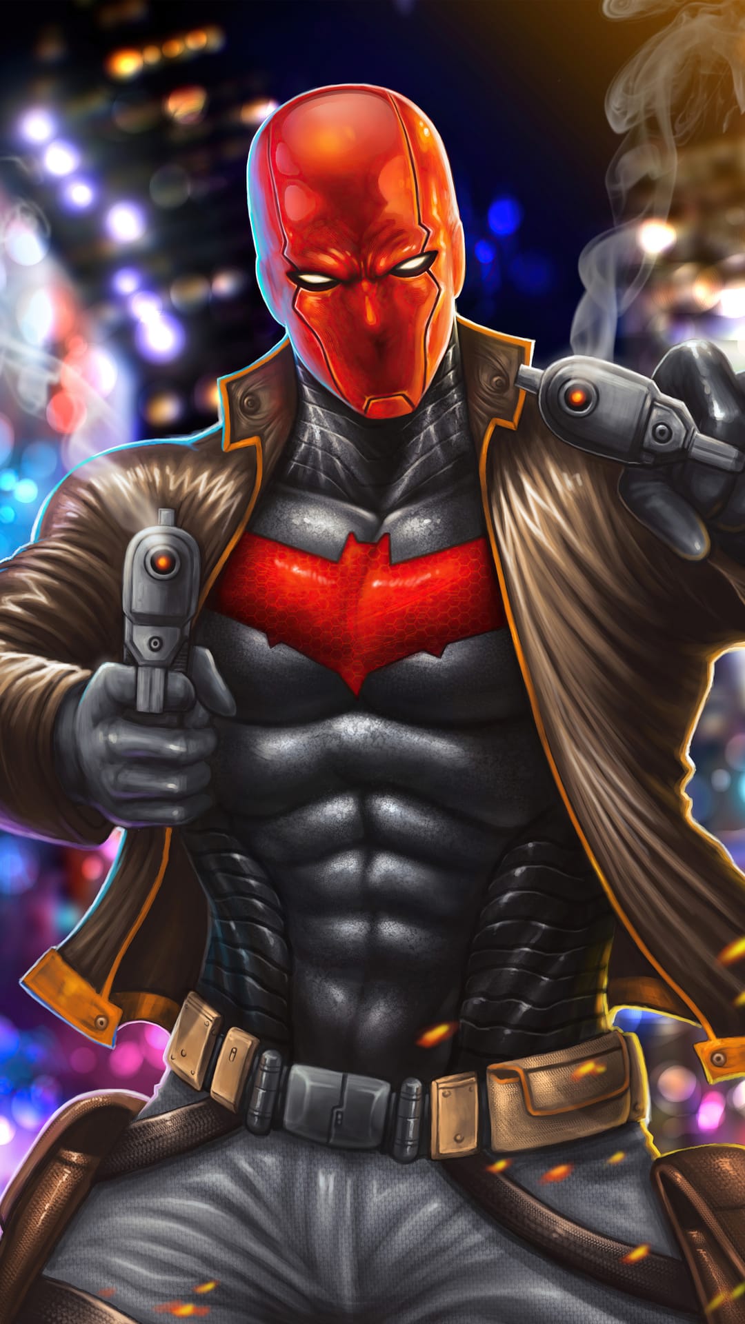 Red Hood in a red helmet and leather jacket holds two smoking pistols against a blurred urban city background.