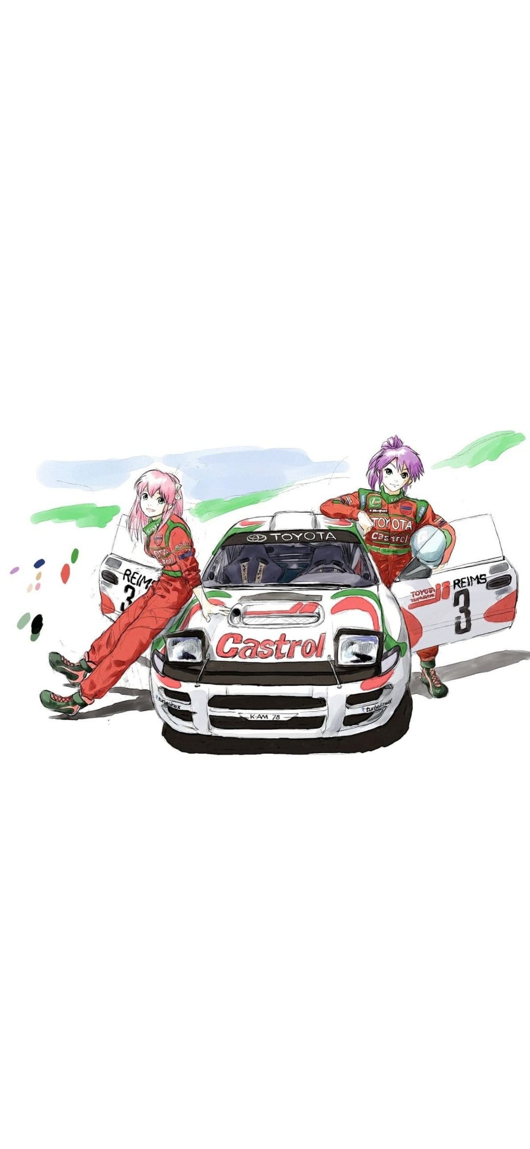 Pink and purple haired female rally drivers pose beside a Toyota Castrol Celica on a professional race track.