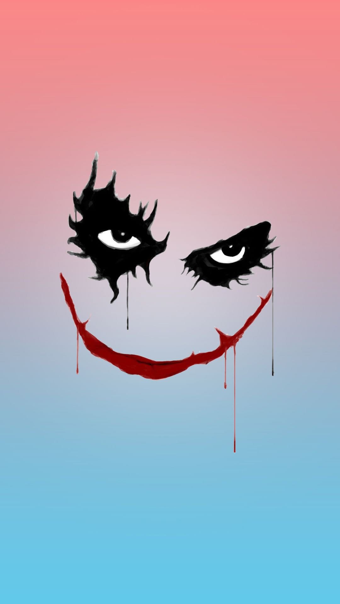 Clown face with smeared black mascara and a dripping red smile against a soft, minimalist gradient background.
