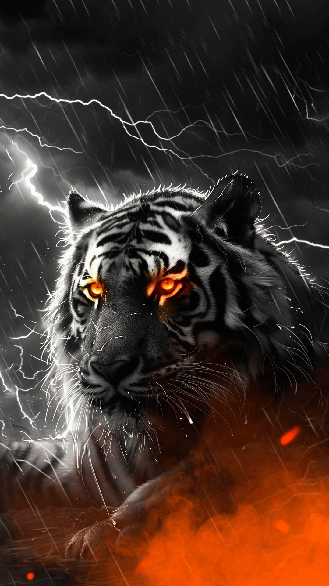 Tiger's face with bright orange eyes emerges from a dark storm while white lightning bolts strike a rainy sky.
