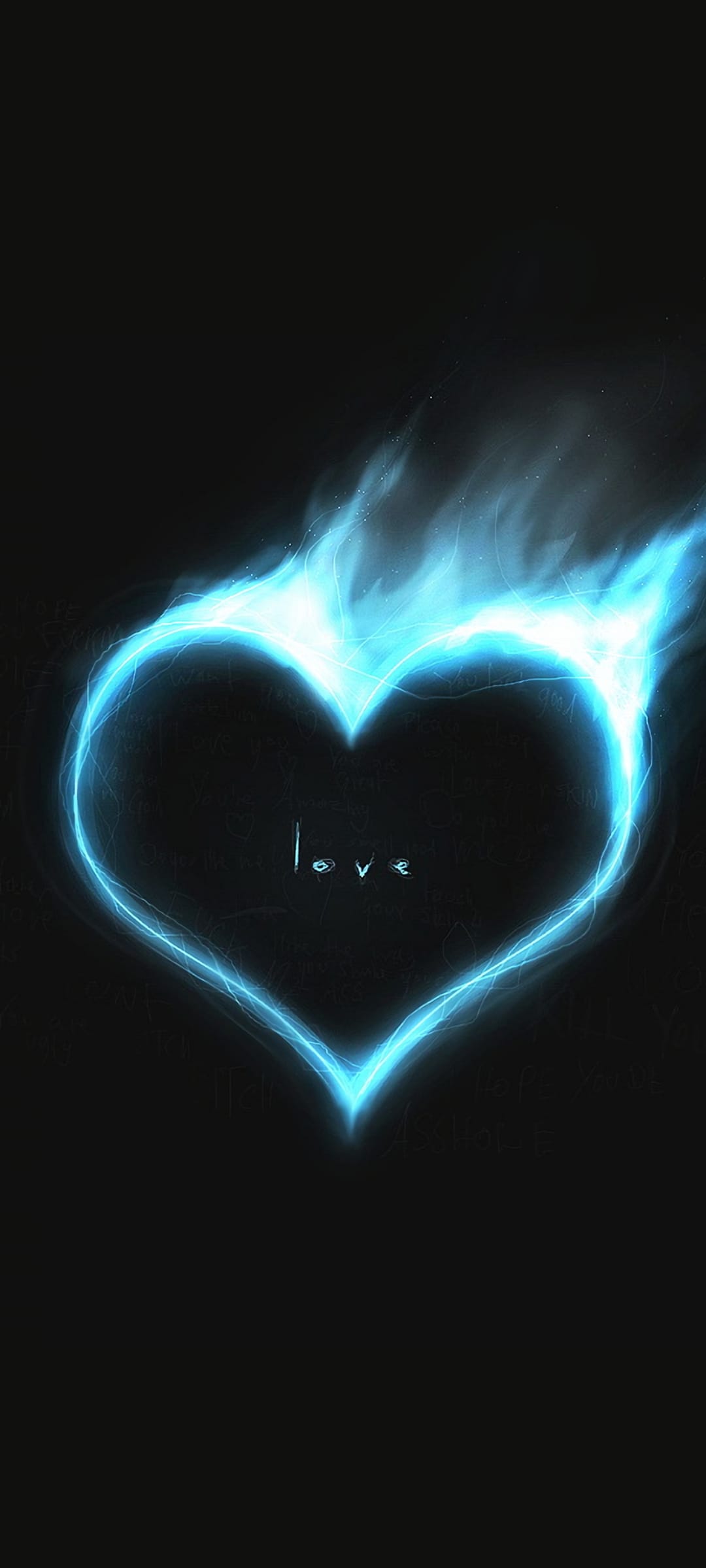 Blue flaming heart with the word love centered inside against a pitch black background in vertical view.