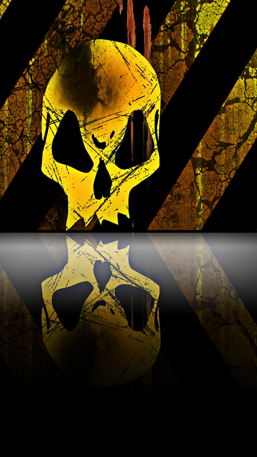 Yellow skull with black hazard stripes and cracked textures reflected symmetrically on a glossy dark surface.