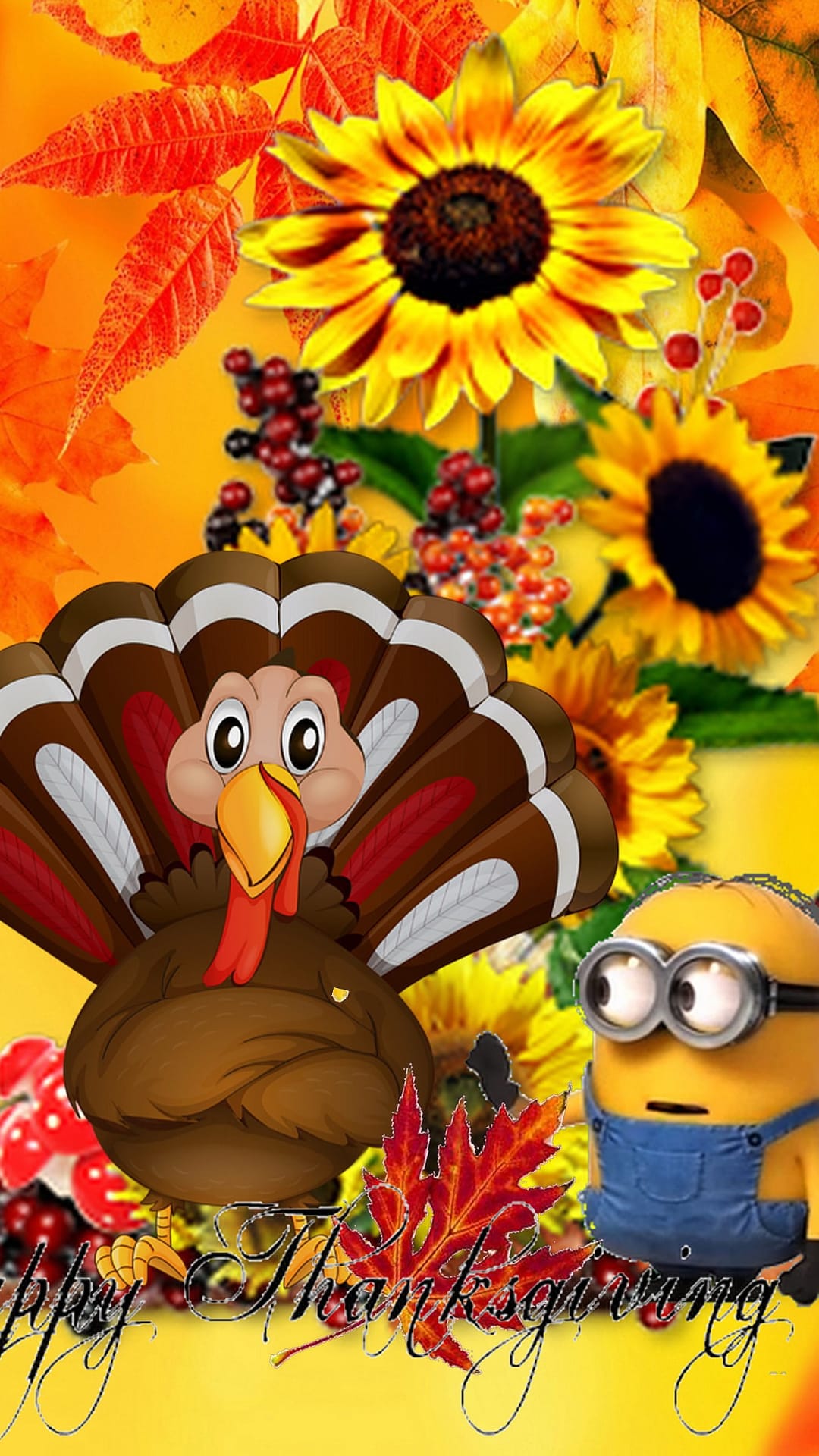 Minion dressed as a turkey surrounded by blooming sunflowers and orange autumn leaves on a golden background.