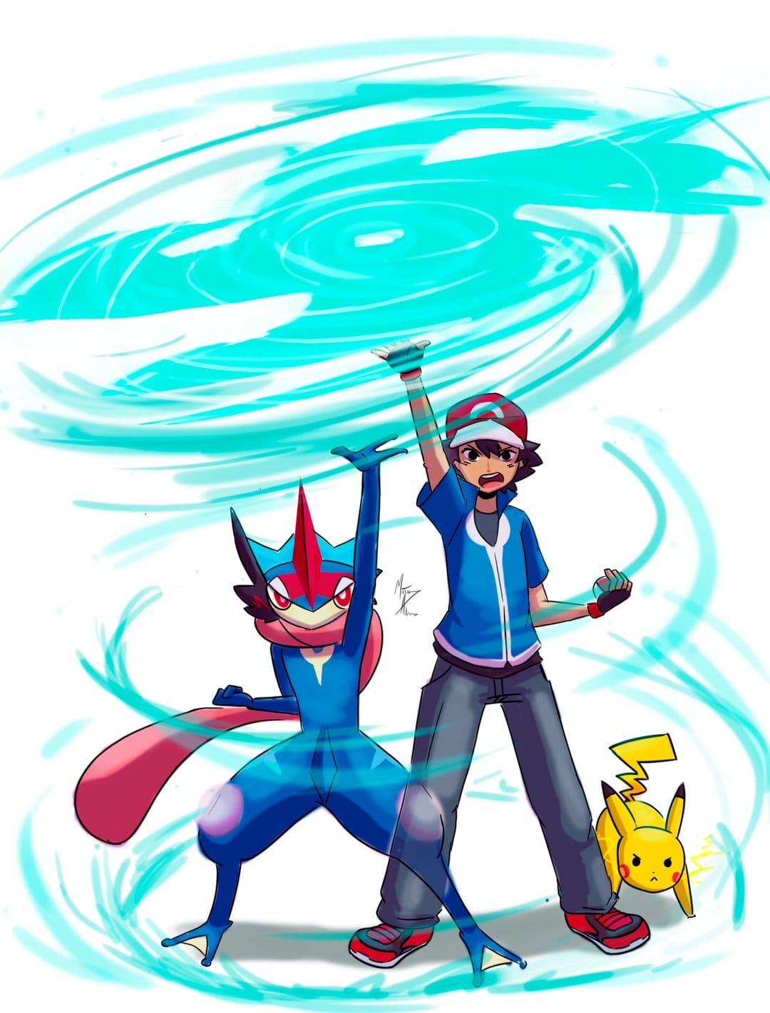 Ash Ketchum and Greninja raising their hands to form a swirling cyan water vortex on a white background.