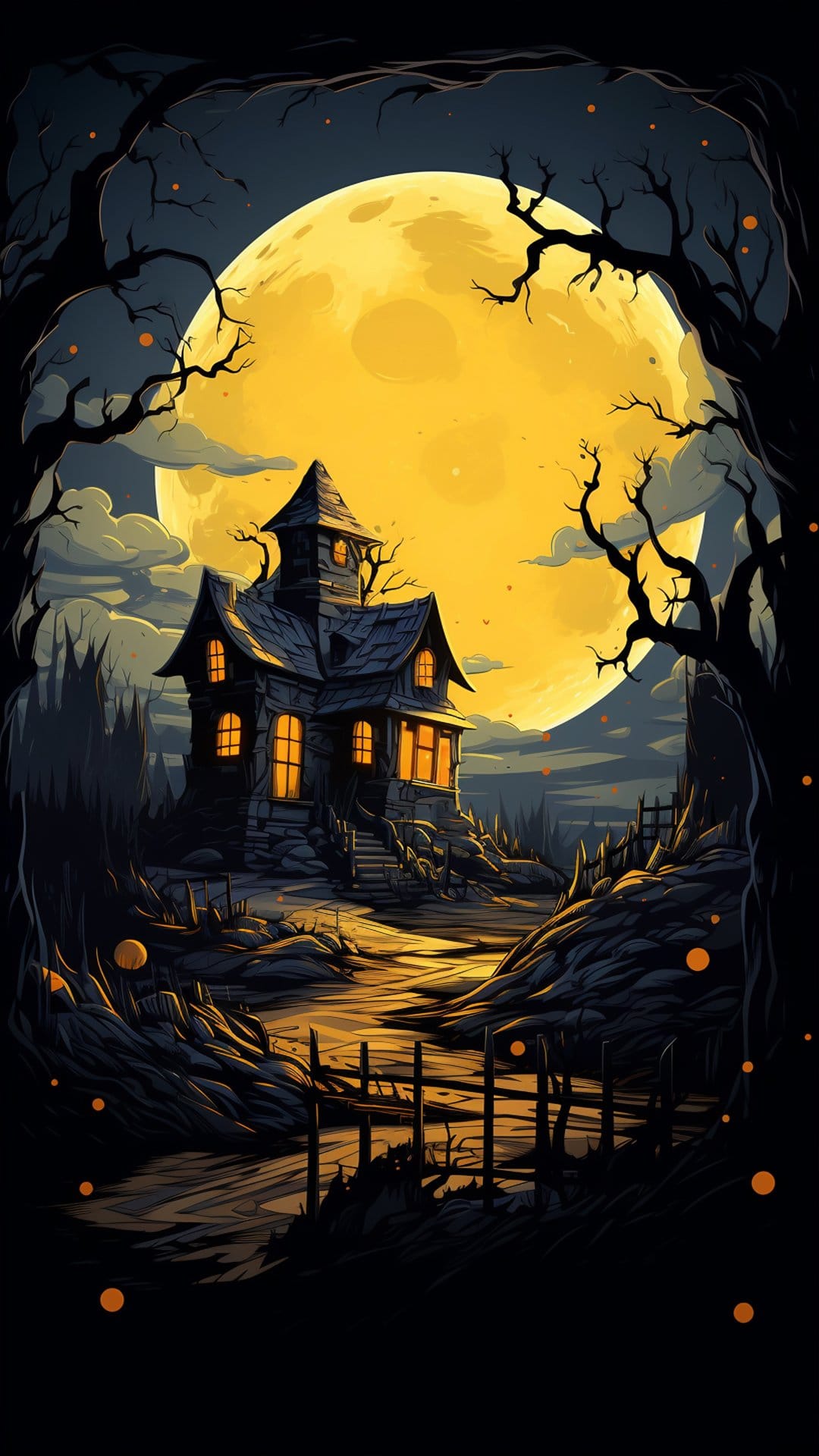 Dilapidated haunted house silhouetted by a giant yellow moon with gnarled trees and floating orange spirit orbs.