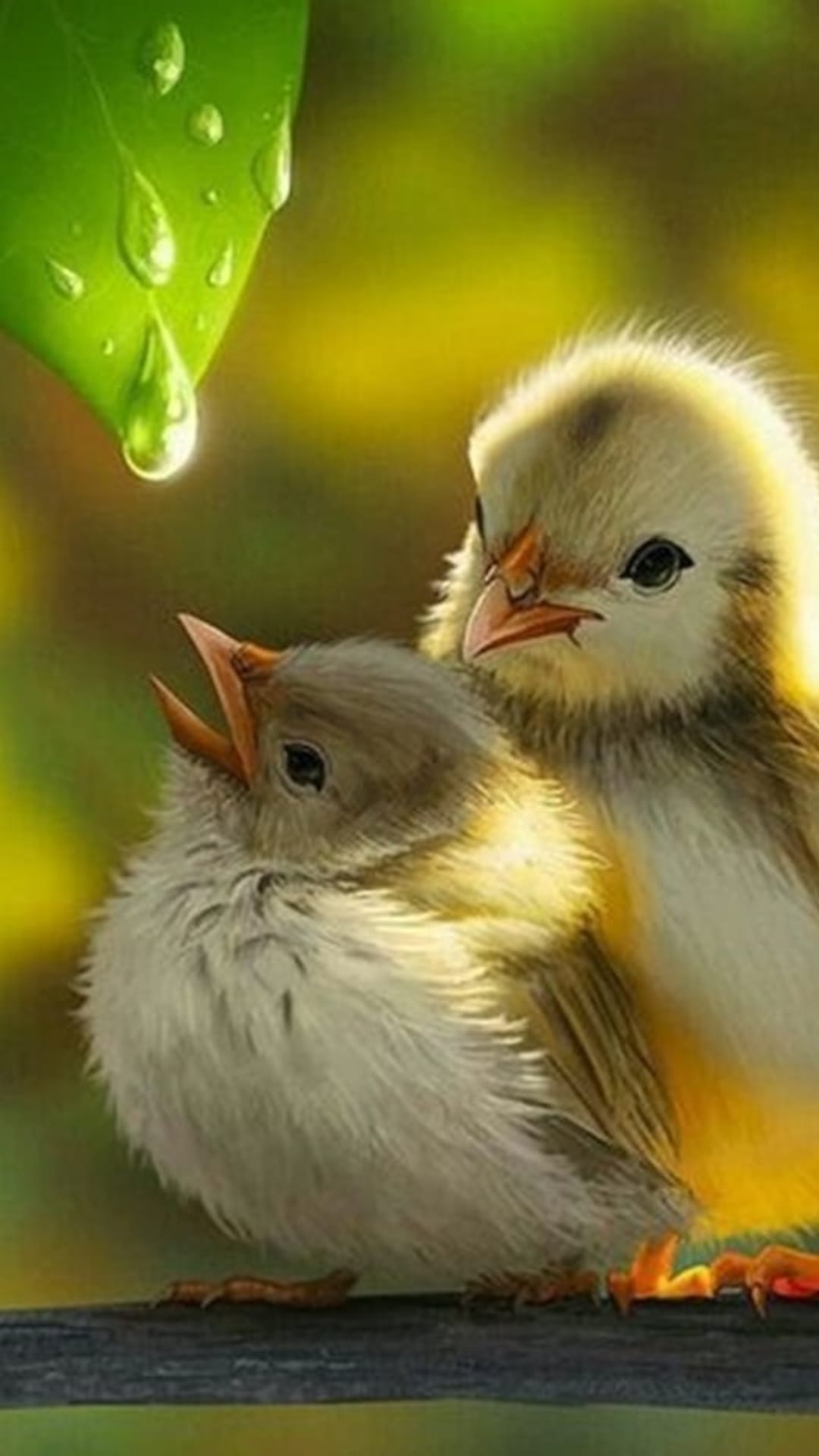 Two fluffy baby birds perched on a branch lean toward a water droplet dripping from a bright green leaf.