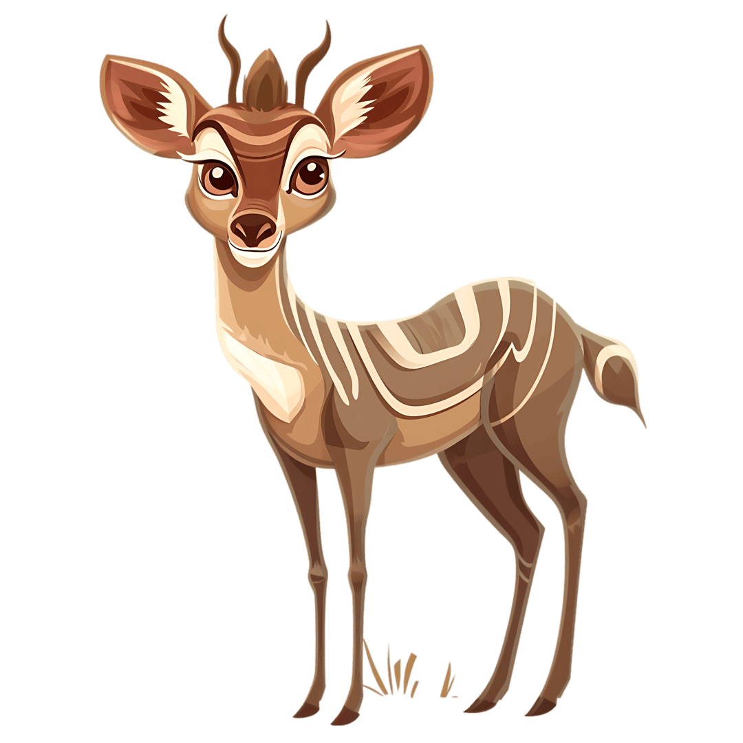 Antelope cartoon character with white stripes on brown fur stands in profile against a solid black background.