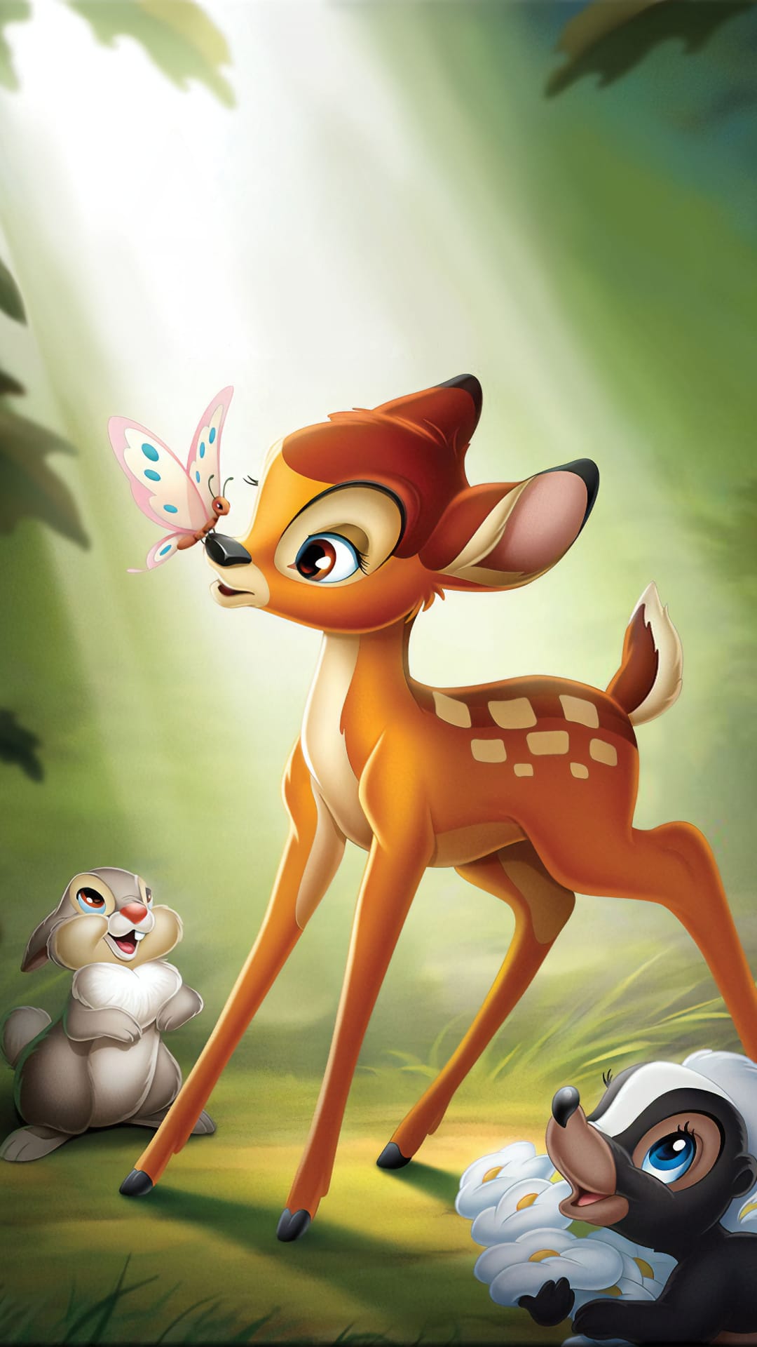 Bambi the fawn balances a butterfly on his nose while Thumper and Flower watch in a sun-drenched forest glade.