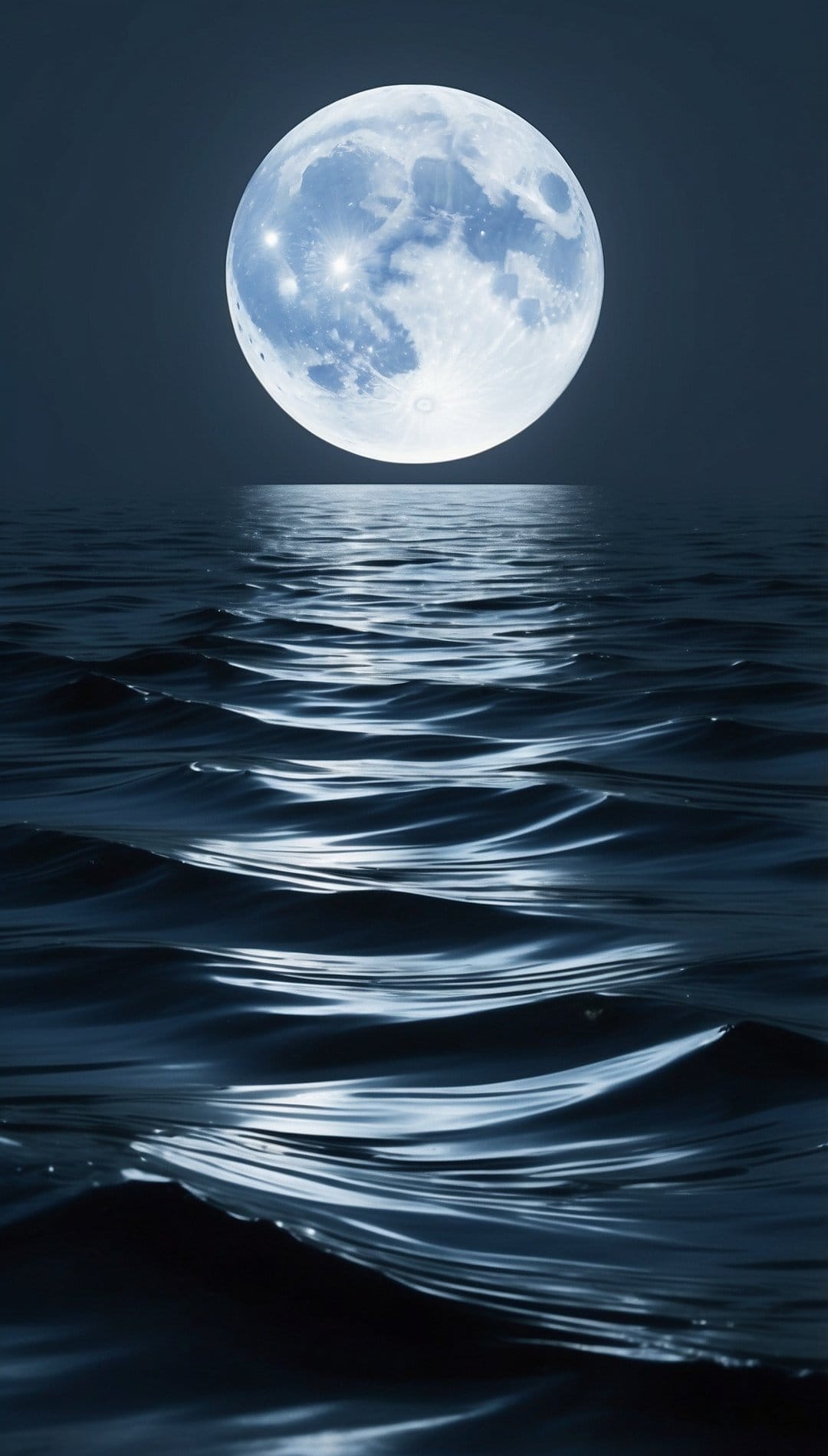 Full moon shining in a dark sky over a calm ocean with a shimmering light reflection on the rippling waves.