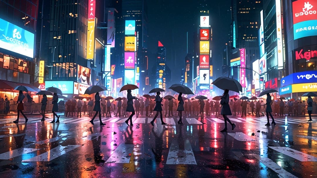 Pedestrians with umbrellas walk on rain-slicked Times Square streets beneath glowing neon billboards at night.