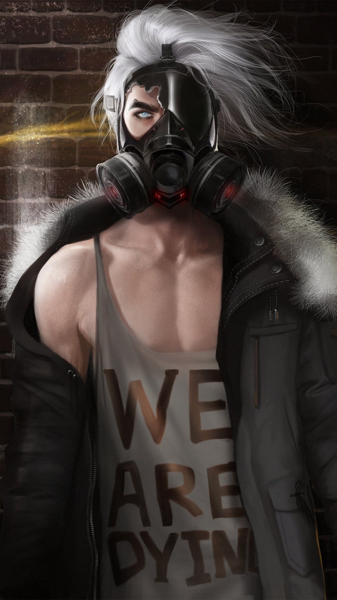 White-haired survivor in a weathered gas mask stands before a ruined urban street with moody shadows.