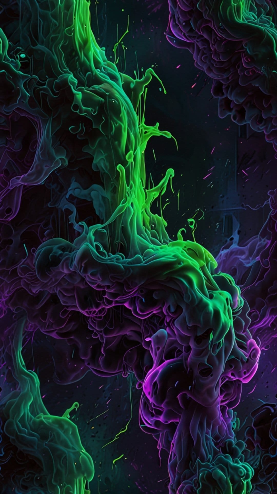 Luminous green and purple smoke trails spiraling through a dark void with high contrast fluid textures.