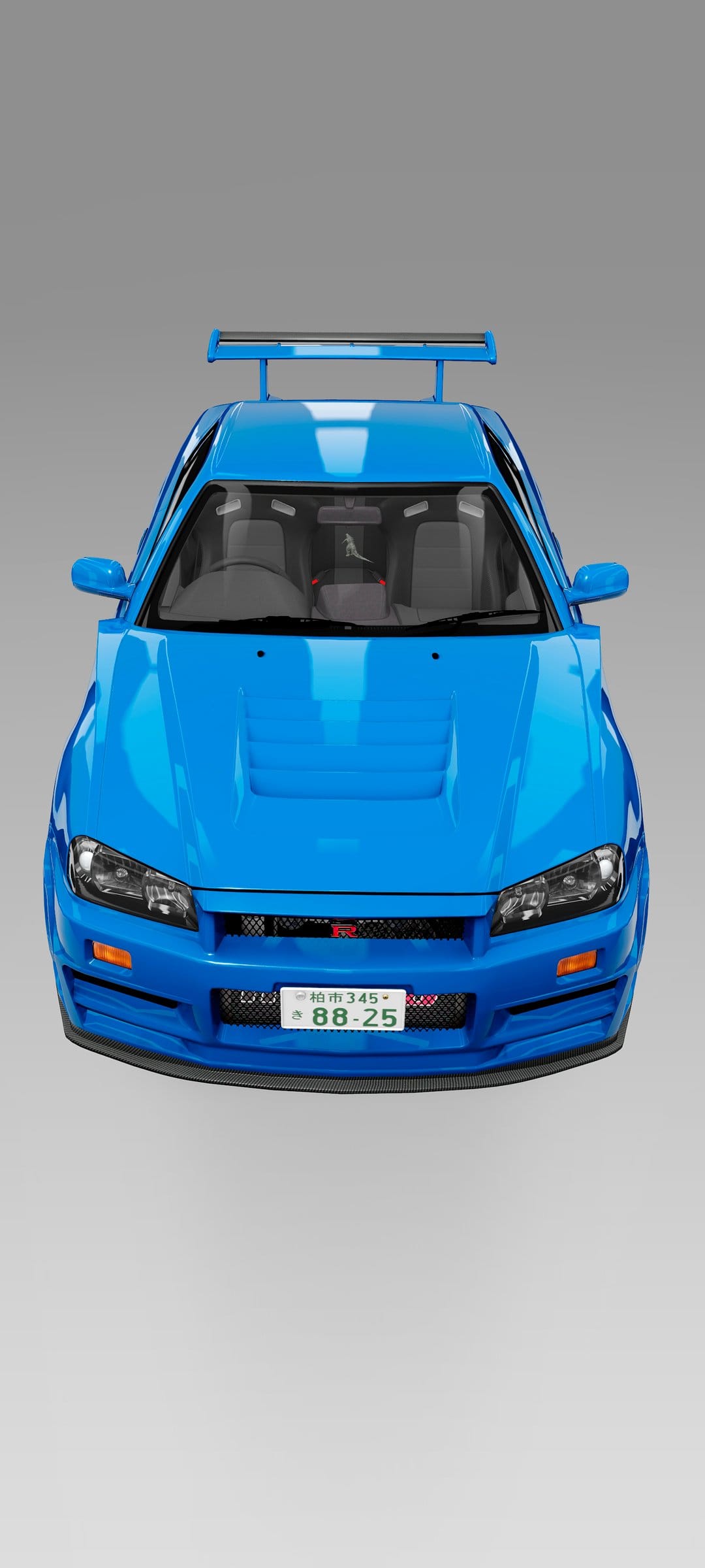 Blue Nissan GT-R R34 sports car featuring a vented hood and rear spoiler against a minimalist grey background.