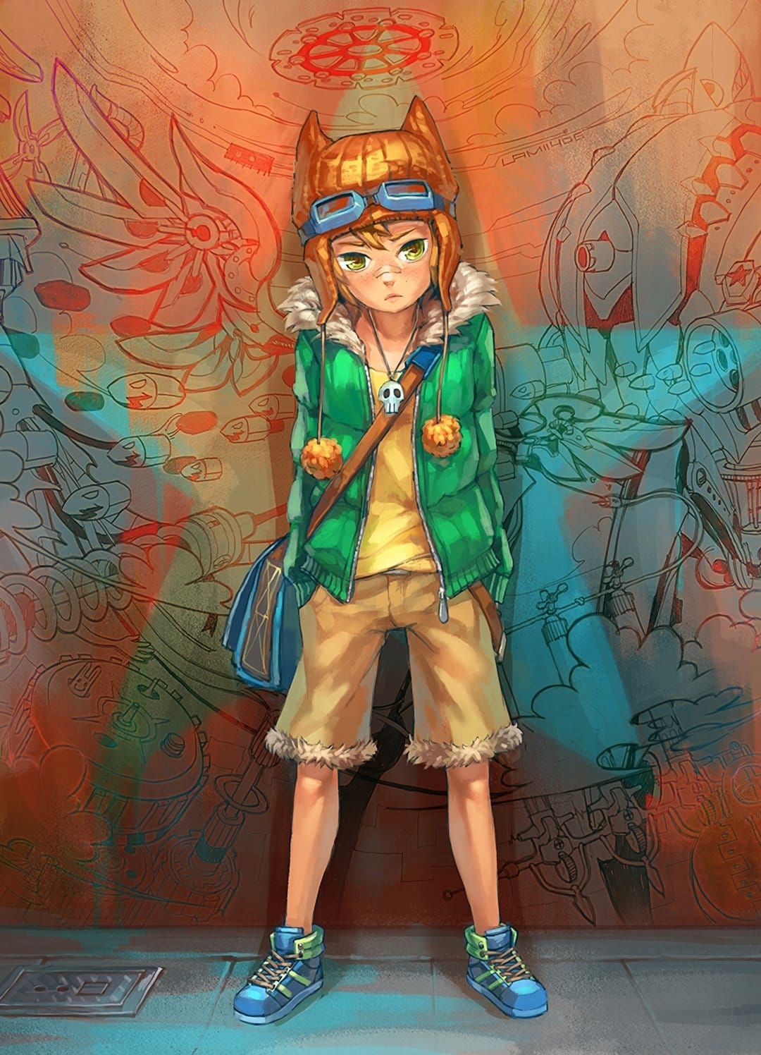 Anime character wearing green fur-trimmed jacket, brass goggles, and beanie against a colorful graffiti wall.