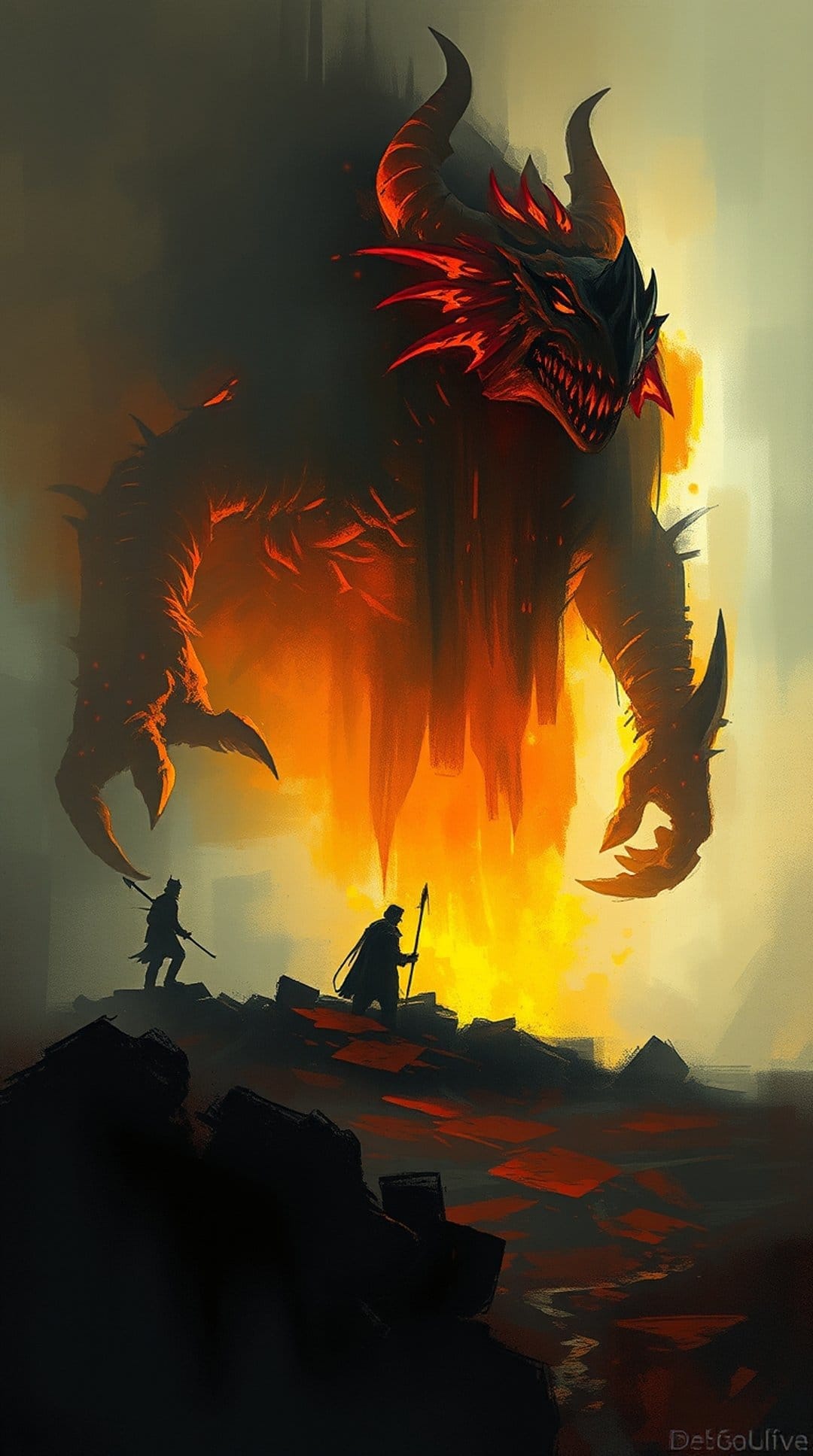 Giant fire-breathing dragon with glowing red eyes confronts two small silhouetted warriors on a rocky cliff.