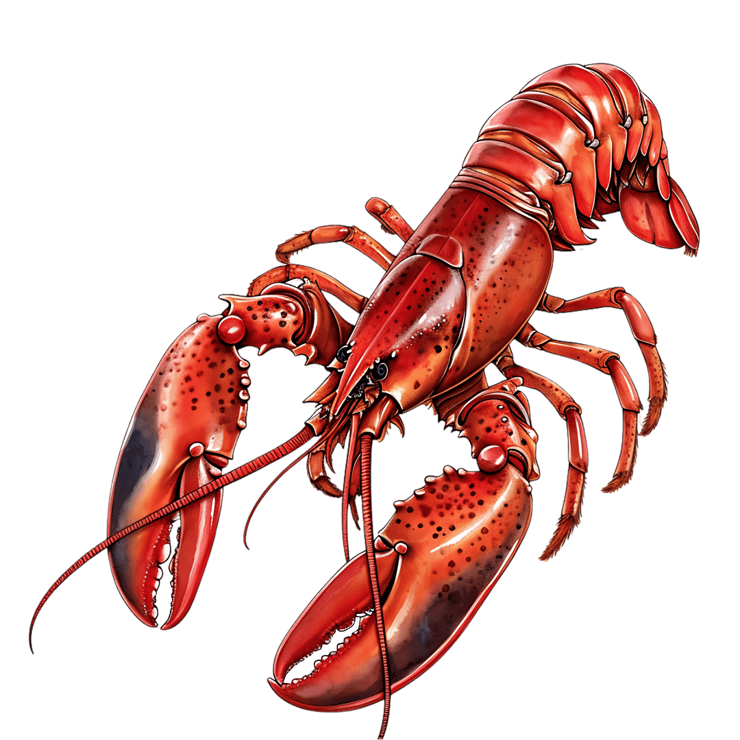 Red lobster illustration shows a realistic crustacean with large claws and detailed segmented shell anatomy.