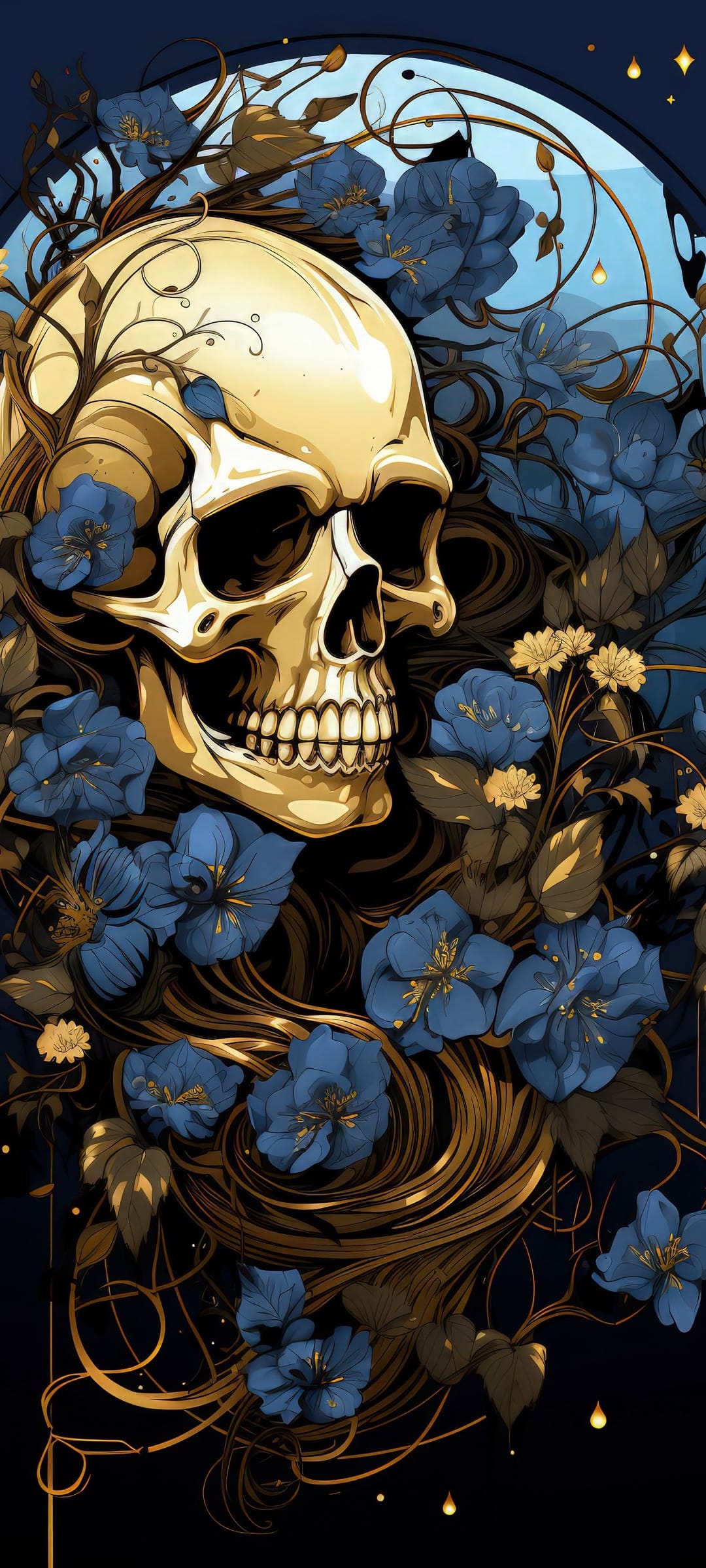 Metallic golden skull entwined with cobalt blue flowers and dark curling vines against a solid black backdrop.