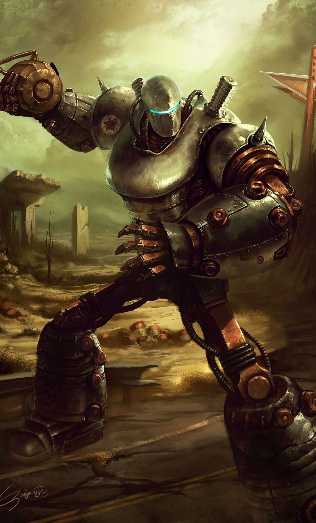 Heavy armored robot with a blue glowing visor standing in a hazy, radioactive wasteland with stone ruins.