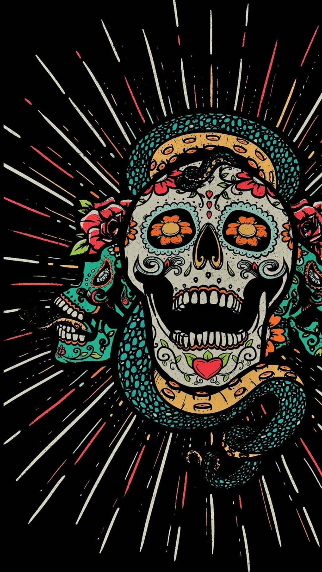 Sugar skull with floral patterns and a coiled snake surrounded by glowing light rays on a dark background.