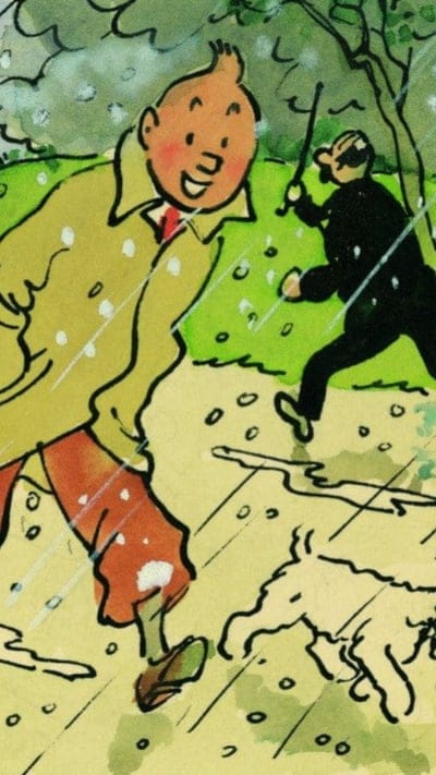Tintin and Snowy, cartoons, tintin, herge, cartoon, snowy, comic, cool, france, colored, milou, funny, rain, moulinsart, dog