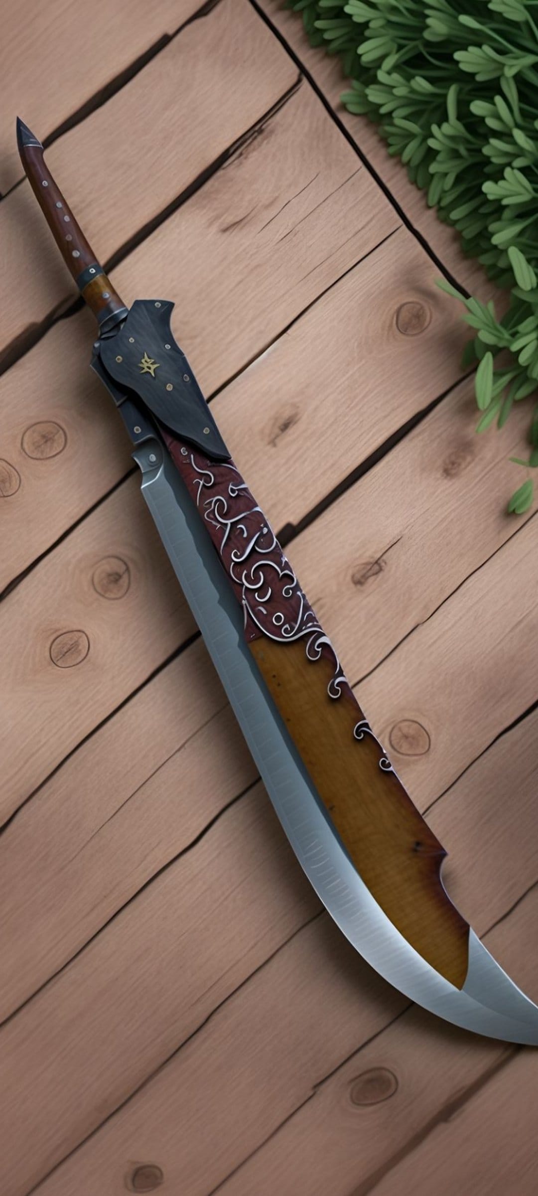 Fantasy sword with a wooden handle and leather scabbard lies on a rustic timber surface near a green sprig.