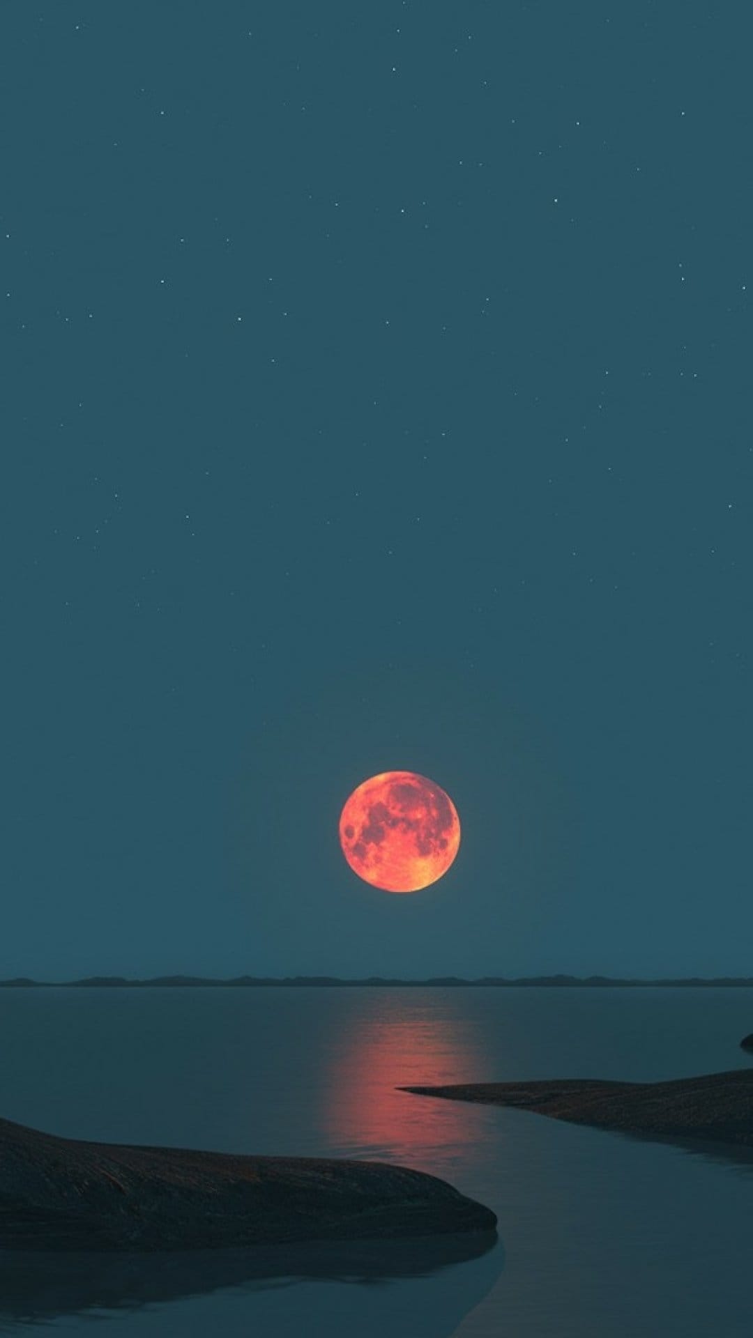 Large red moon reflecting on a calm lake under a starry teal sky with distant mountain silhouettes at night.