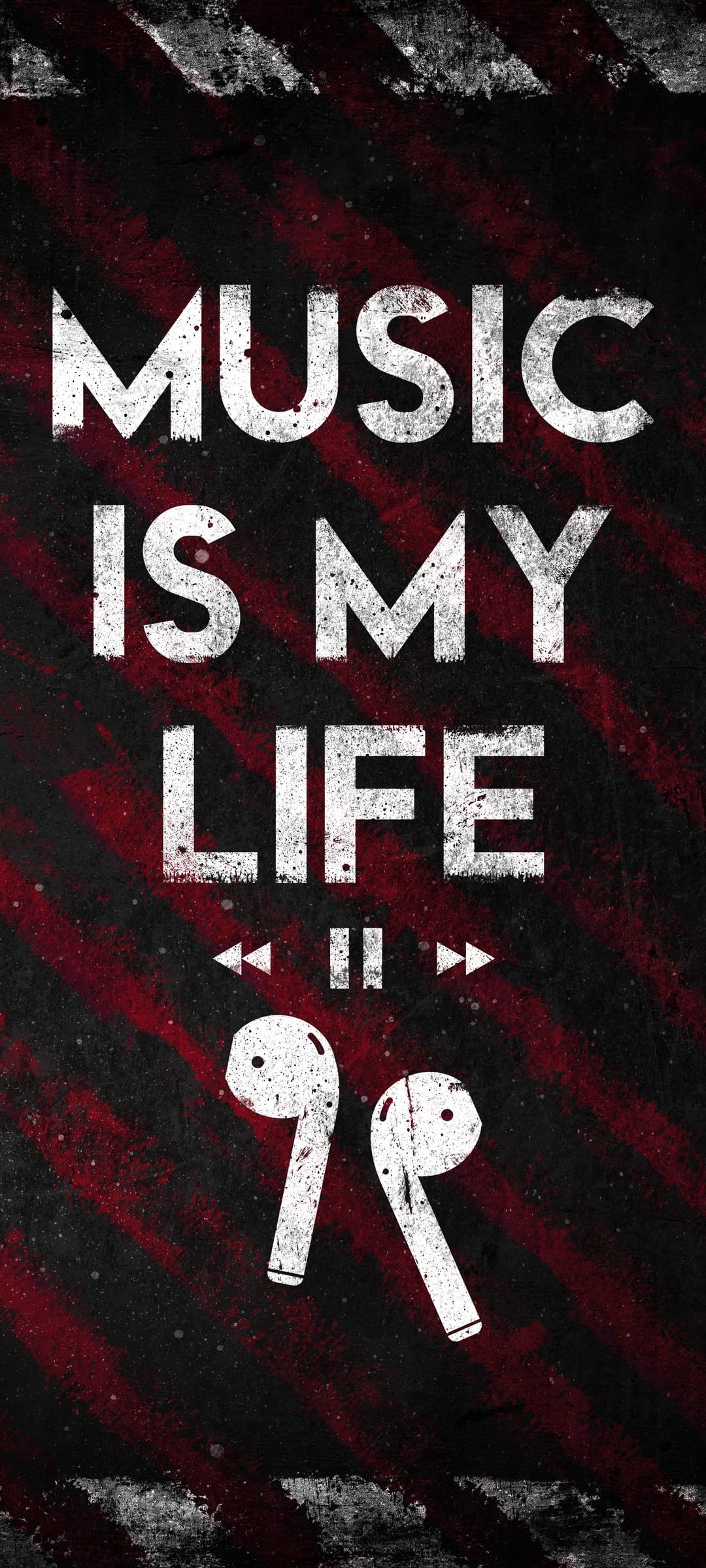 White music quote text and earbuds icons centered over dark textured surface with diagonal red stripes.
