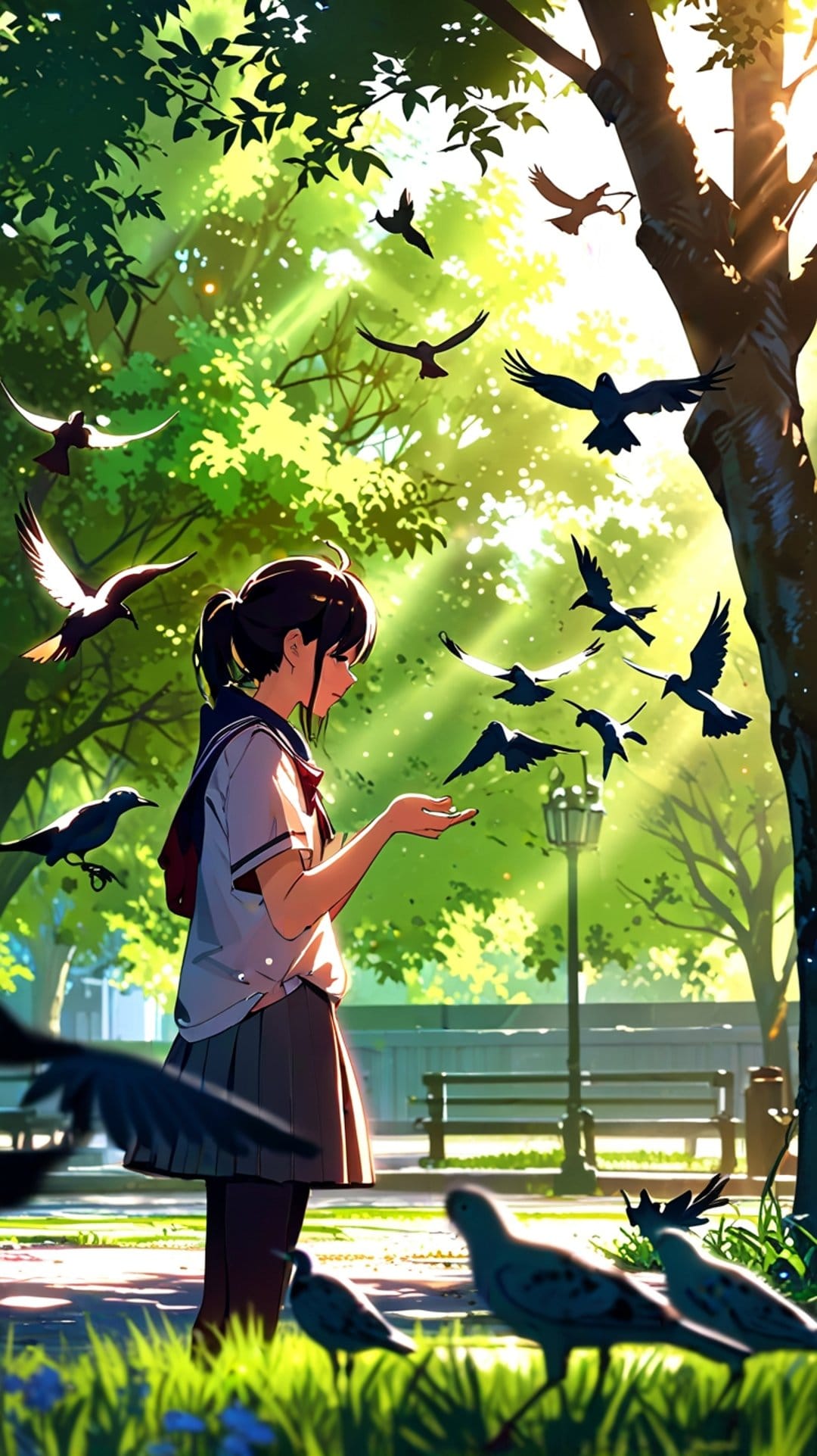 Young girl in a school uniform feeding a flock of birds in a bright, sun-drenched park with lush green trees.