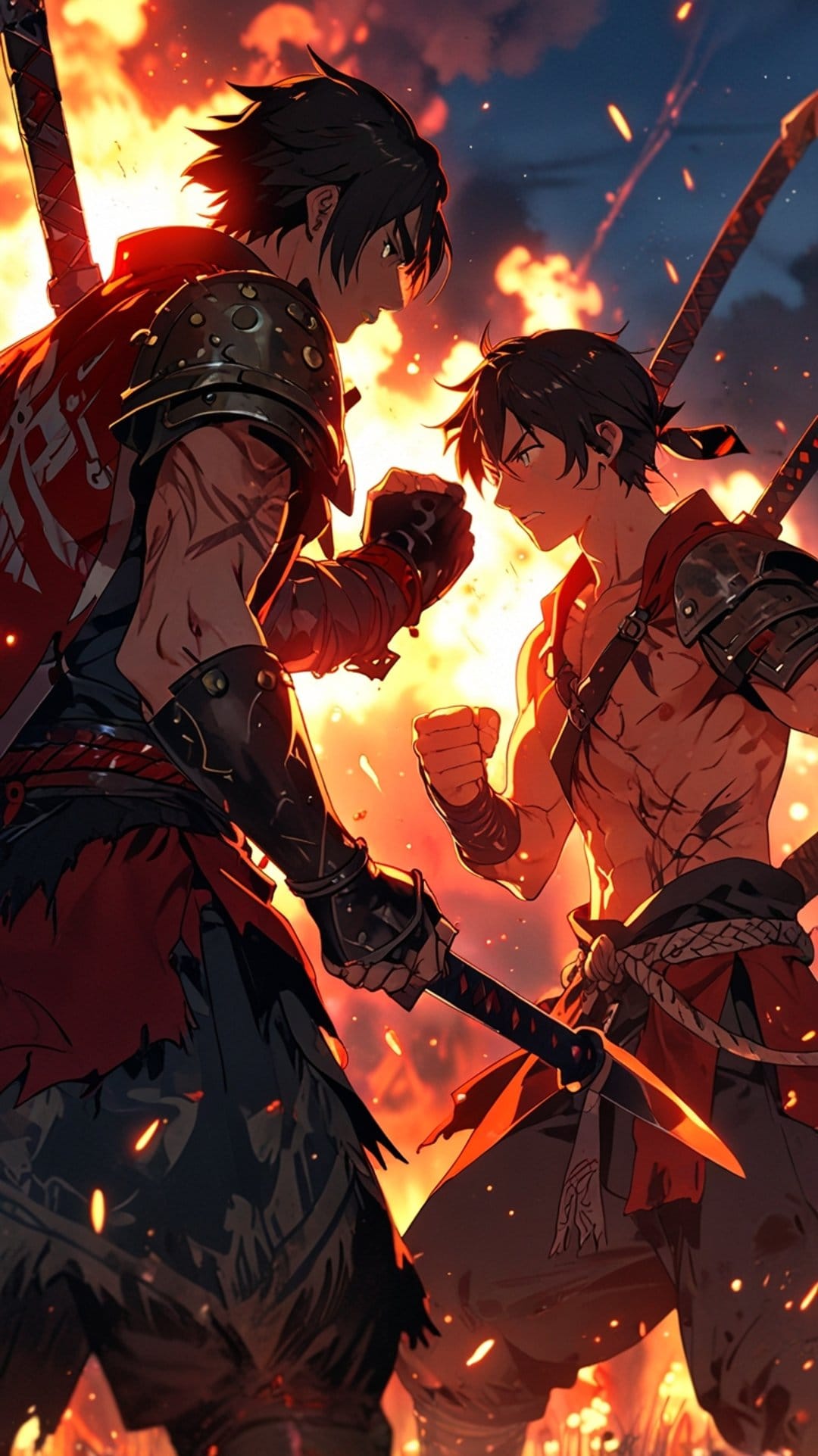 Two muscular men in armor clash katanas while surrounded by intense orange flames and flying sparks of fire.