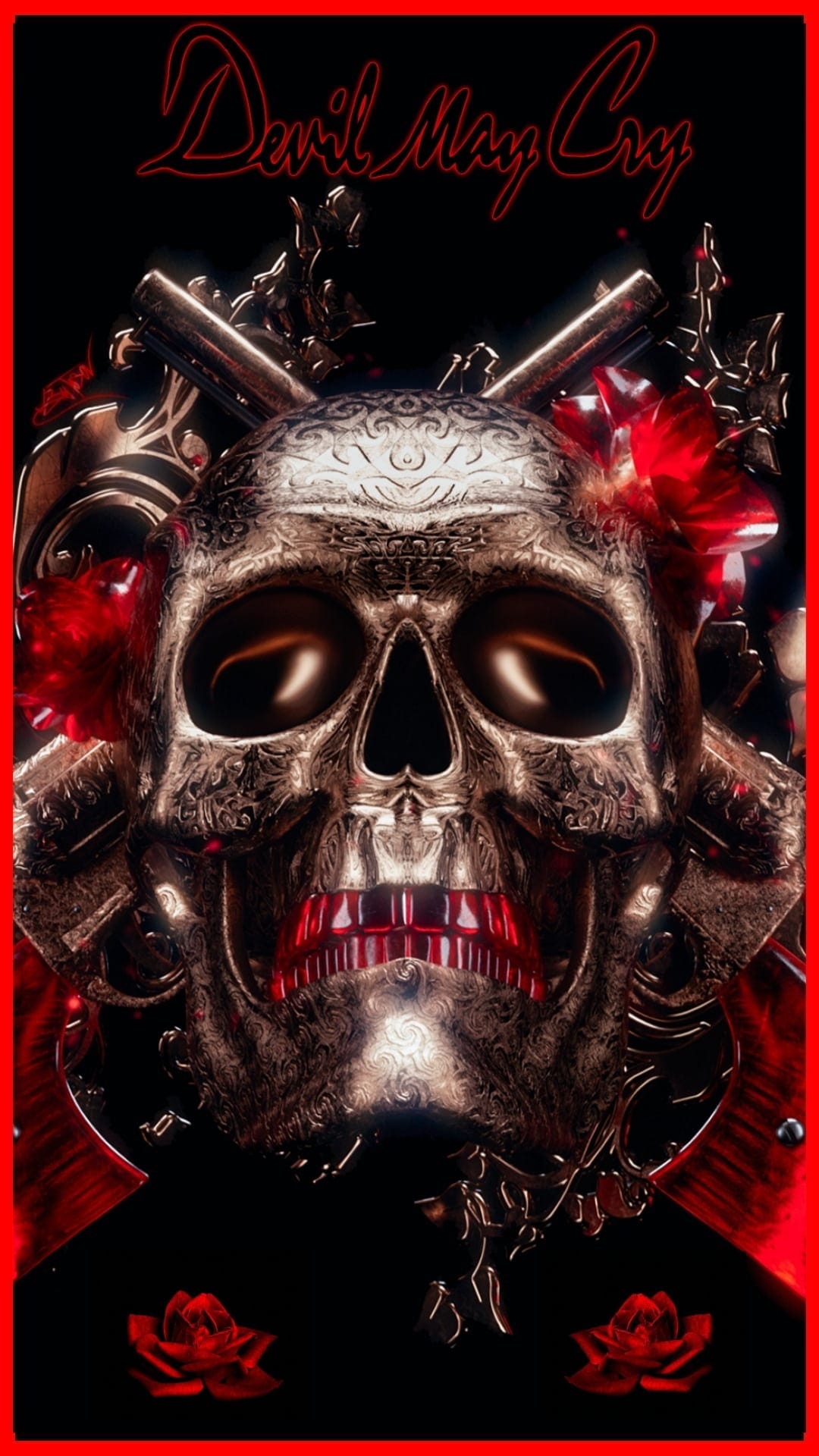 Carved metallic skull centered between two crossed antique pistols and blooming red roses with wisps of smoke.