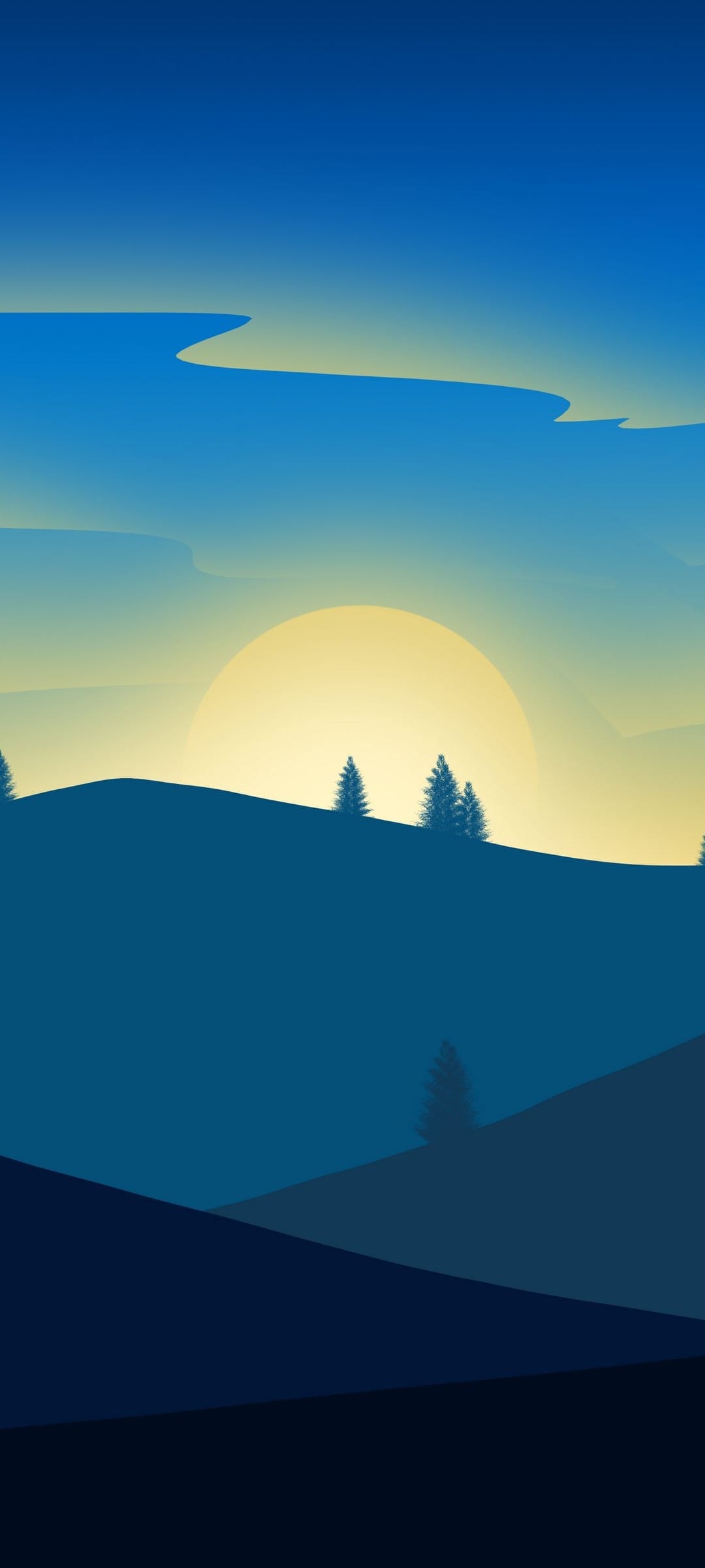 Golden sun rising behind layered blue mountains and silhouetted evergreen trees under a soft gradient sky.