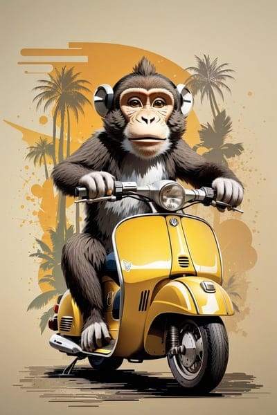 monkey,animal,motorcycle,palm trees,art