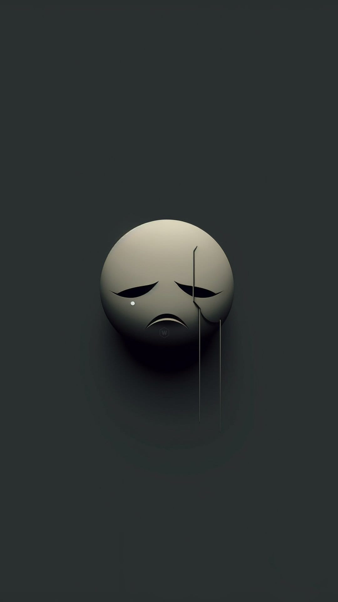Minimalist 3D sad face with a white tear and downturned mouth against a dark gray background with soft shadows.