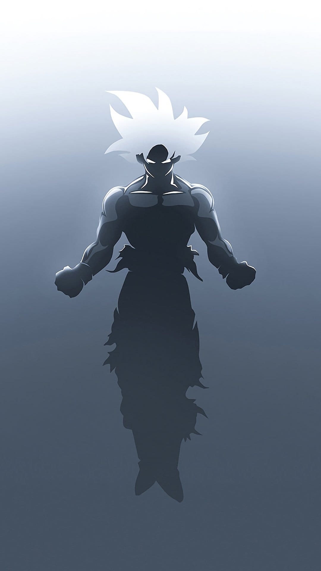 Goku in Ultra Instinct form appears as a dark silhouette with glowing white hair and a soft gradient background.