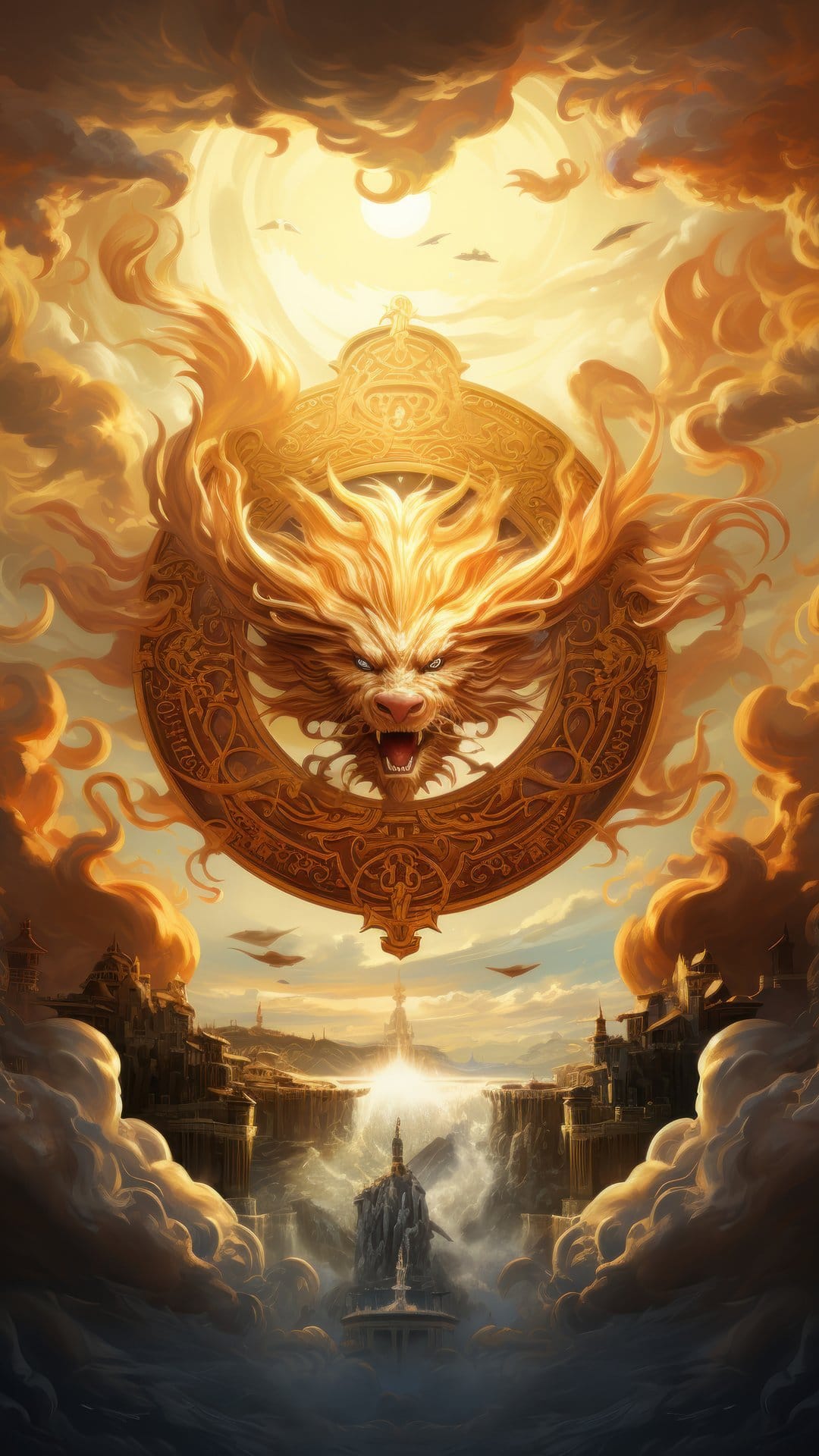 Golden dragon head within a circular frame floating above a city of tall spires under a warm hazy sky.