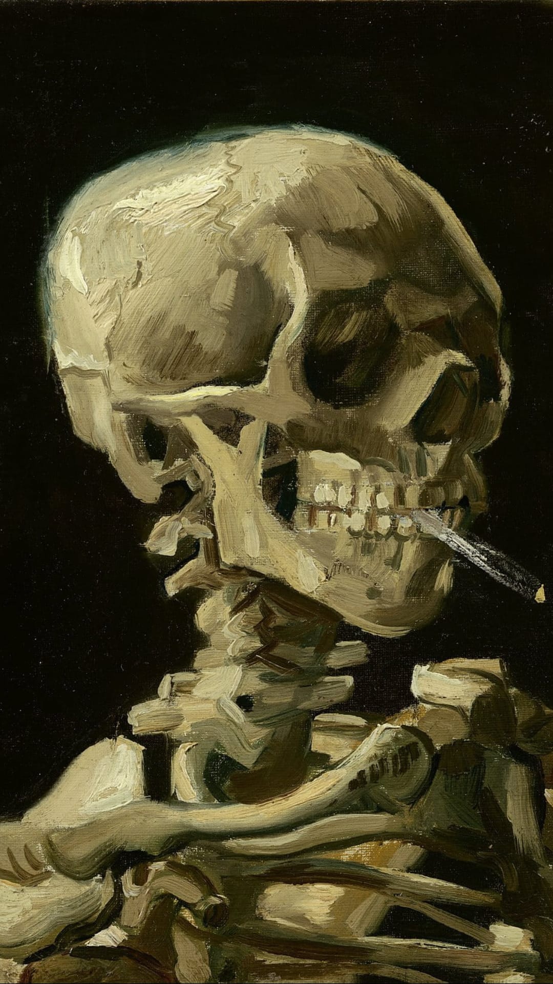 Skeleton skull with a glowing cigarette between its teeth against a dark background with heavy textures.