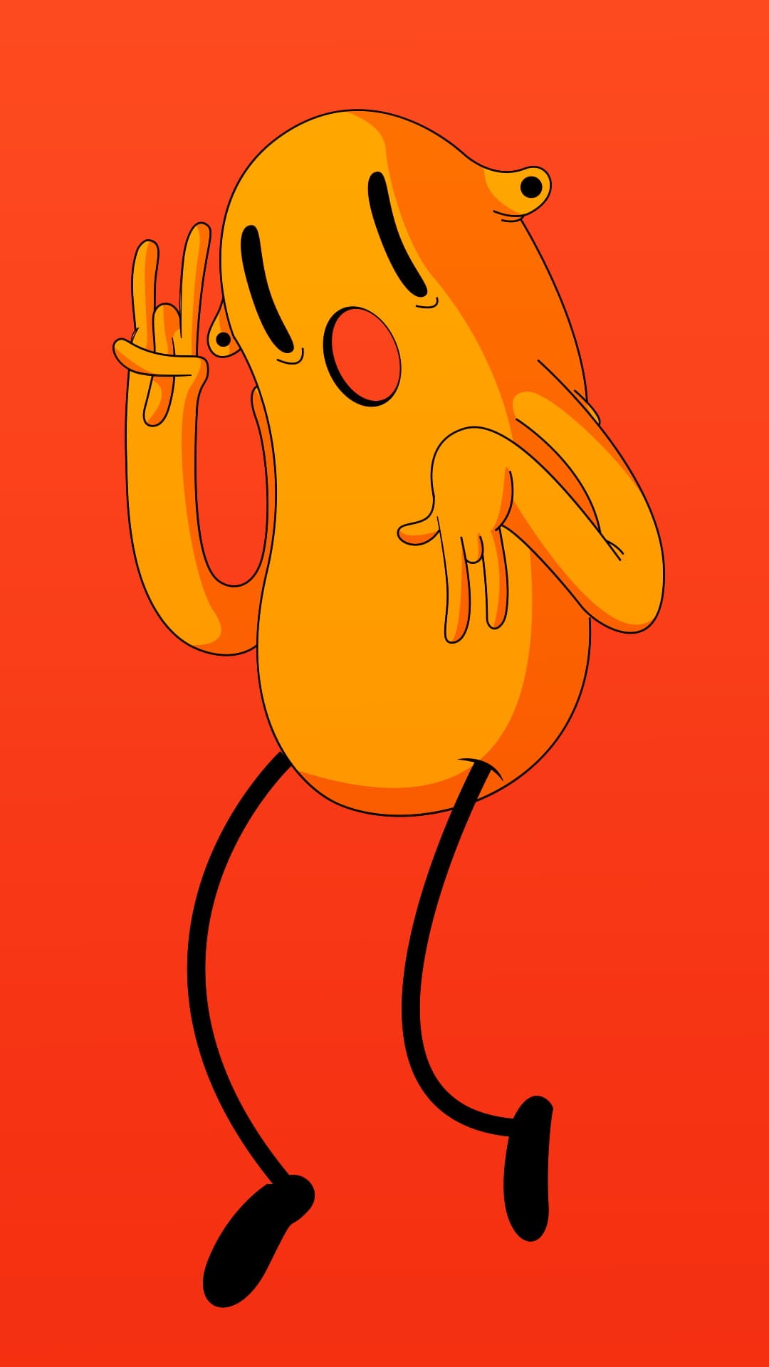 Orange cartoon character with black oval eyes and thin limbs performing a rock on hand gesture in a dynamic pose.