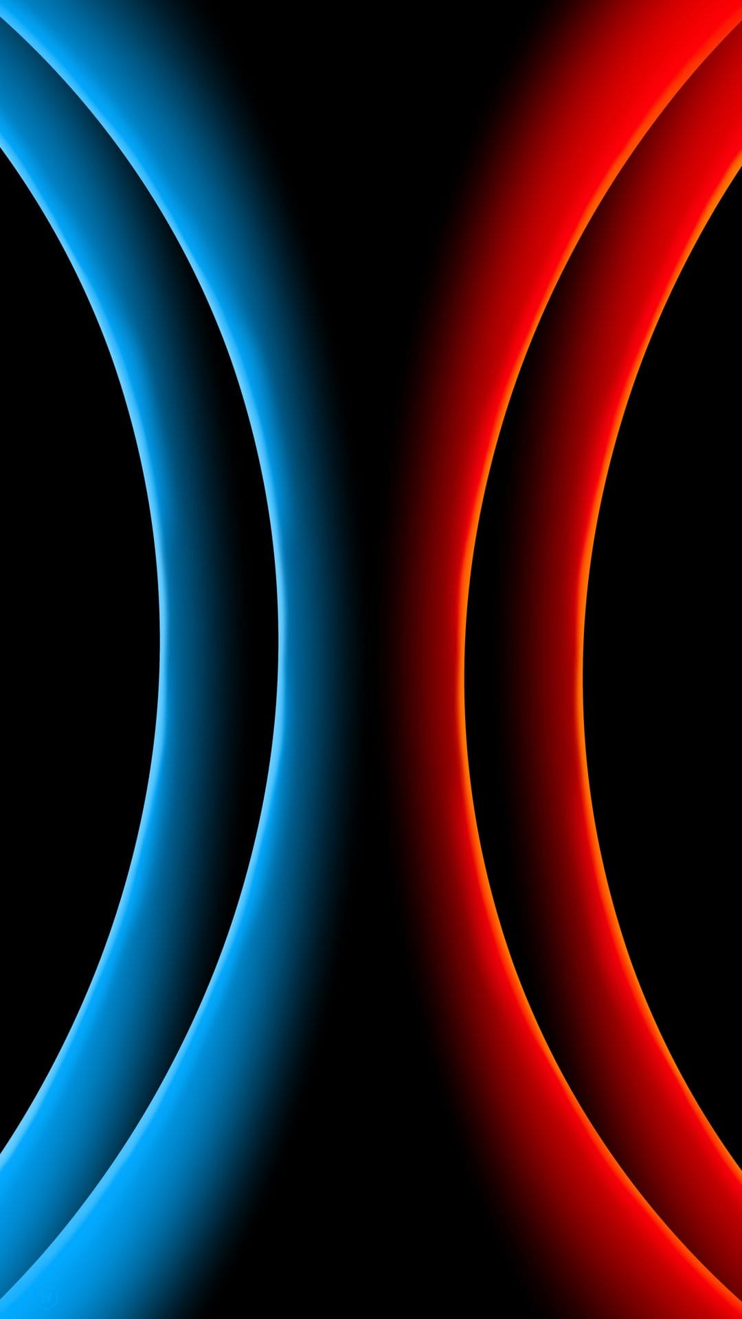 Glowing blue and red rings center a deep black background with radiant light and smooth neon gradients.