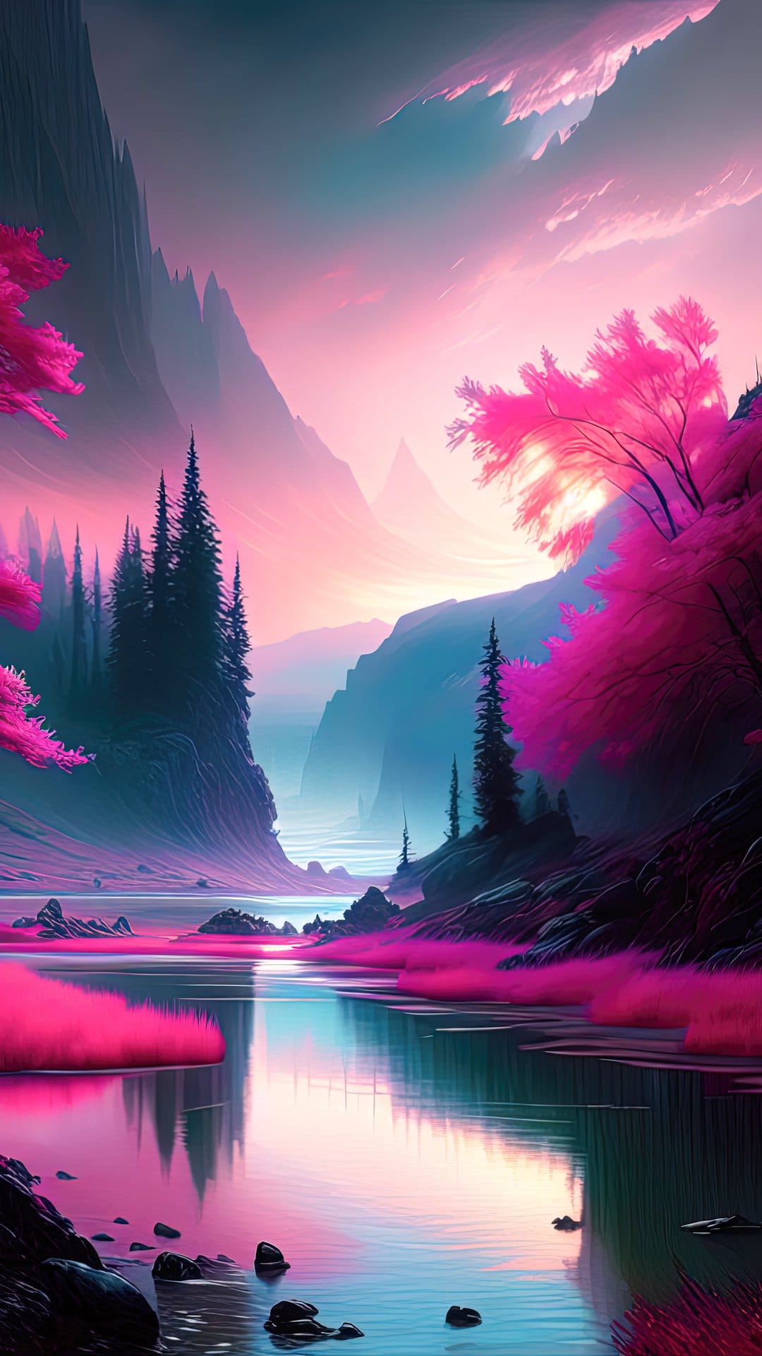 Rose mountains and stylized pink trees reflect on the surface of a calm teal lake under a soft pastel sky.